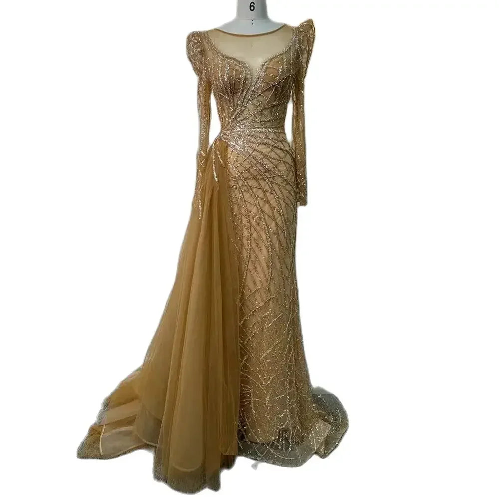 Luxury Muslim Gold Mermaid Evening Dress with Beaded Details & Overskirt - Dubai Style Formal Gown for Women 2025 (LA72206) | Perfect for Weddings, Galas & Special Occasions