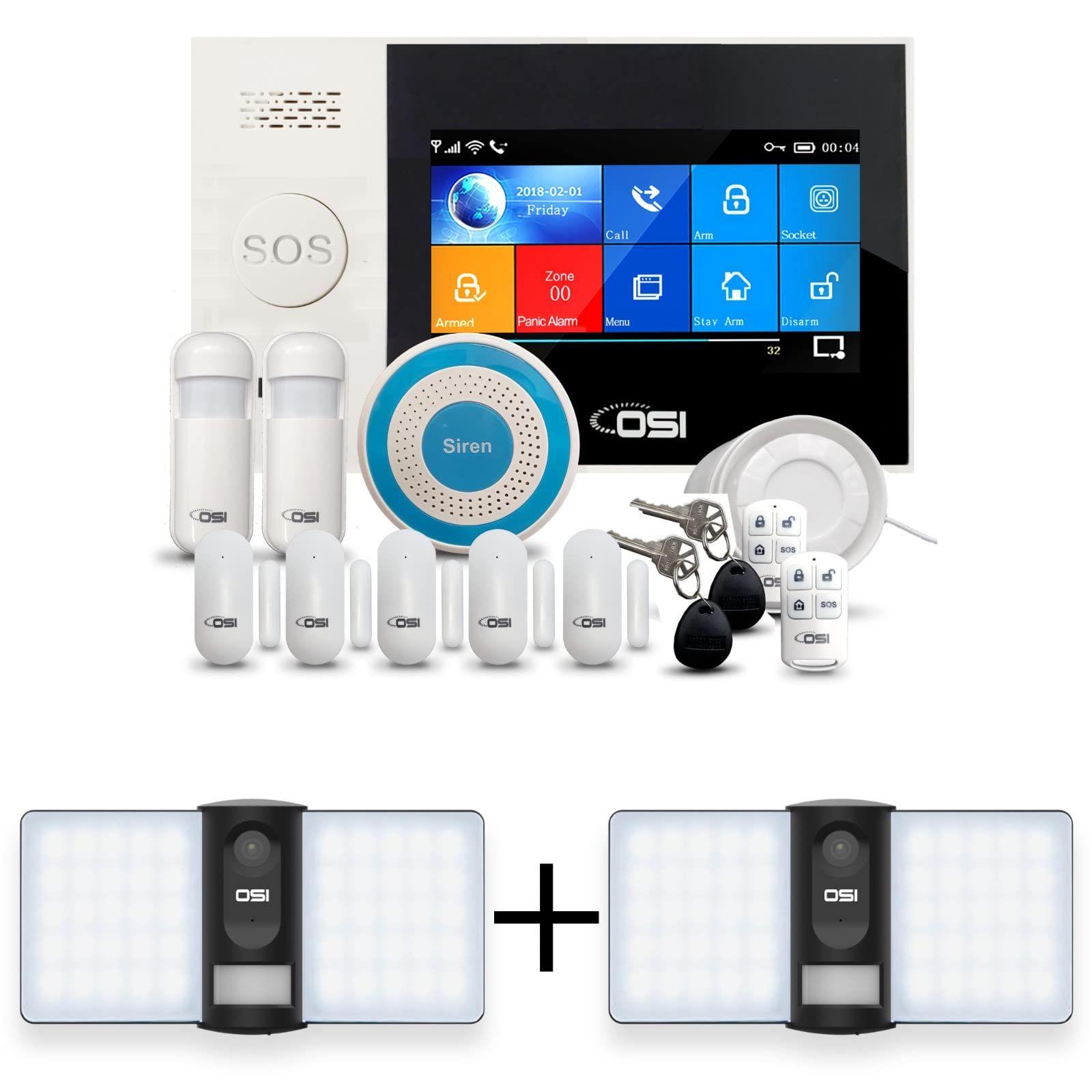 OSI Wireless WiFi Smart Home Security DIY Alarm System - 14 Piece Kit with 2X Black Wi-Fi Smart Floodlight Security Cameras | Indoor/Outdoor Home Protection & Surveillance
