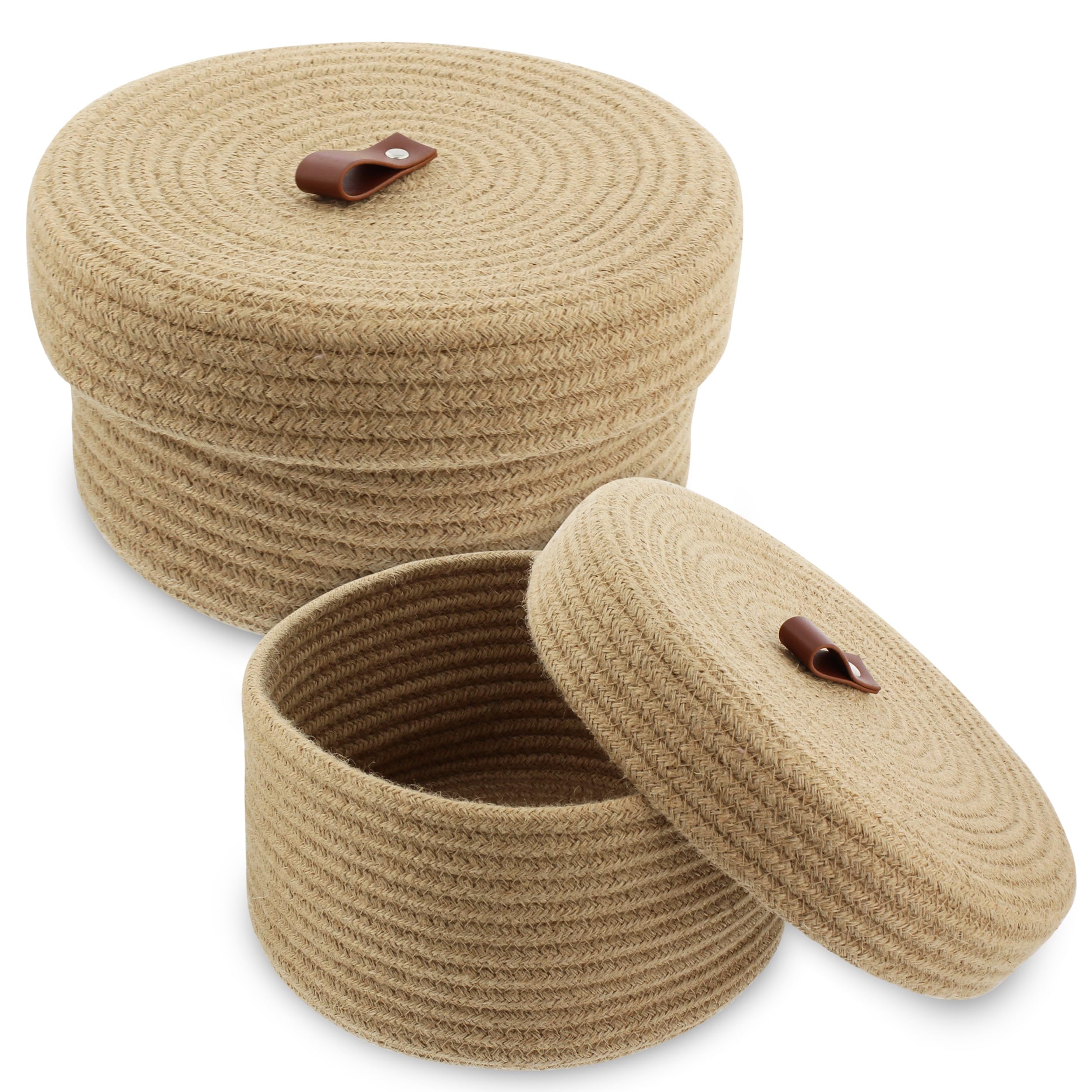 7Penn 2-Piece Round Jute Rope Storage Basket Set with Lids & Leather Handles - Natural Woven Decorative Baskets for Home Organization, Nursery, Bathroom & Living Room Storage
