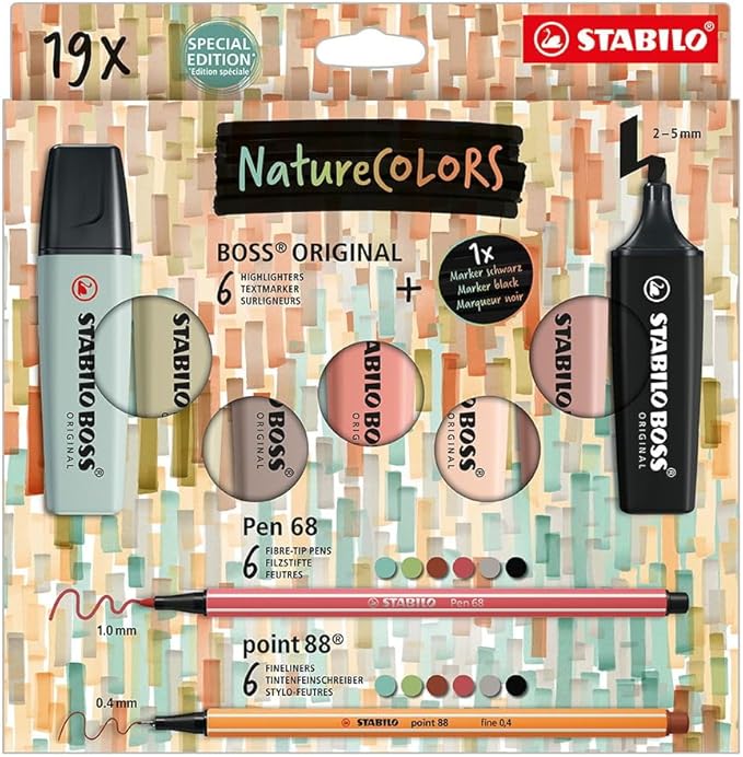 STABILO BOSS ORIGINAL NatureCOLORS 19-Piece Creative Highlighter Set - Vibrant Colors for Note Taking, Journaling & Artistic Projects