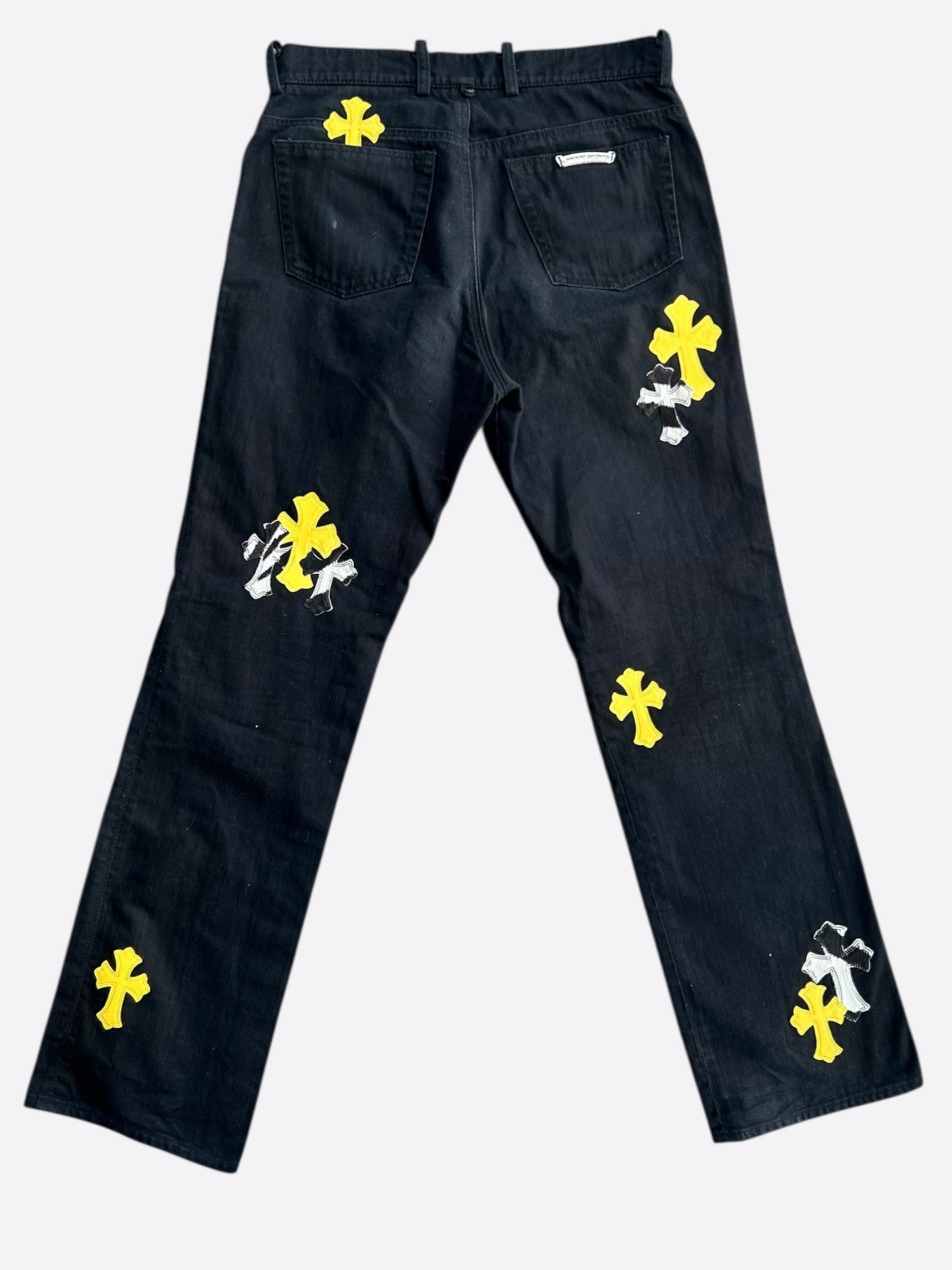 Chrome Hearts Black Cow & Yellow Cross Patch Fleur Jeans for Men & Women - Vintage Distressed Denim Pants with Embroidered Details - Perfect for Streetwear, Biker Fashion & Casual Outfits