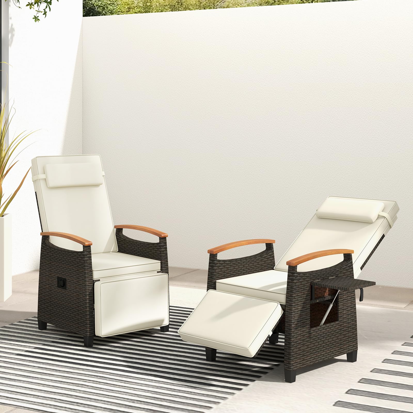 Tangkula Patio Wicker Recliner Chair - Adjustable Rattan Lounge Chair with Flip Side Table & Cushion - Comfortable Outdoor Reclining Seat for Backyard, Porch, Lawn, Poolside - Perfect for Relaxing, Sunbathing & Outdoor Lounging (Off White)
