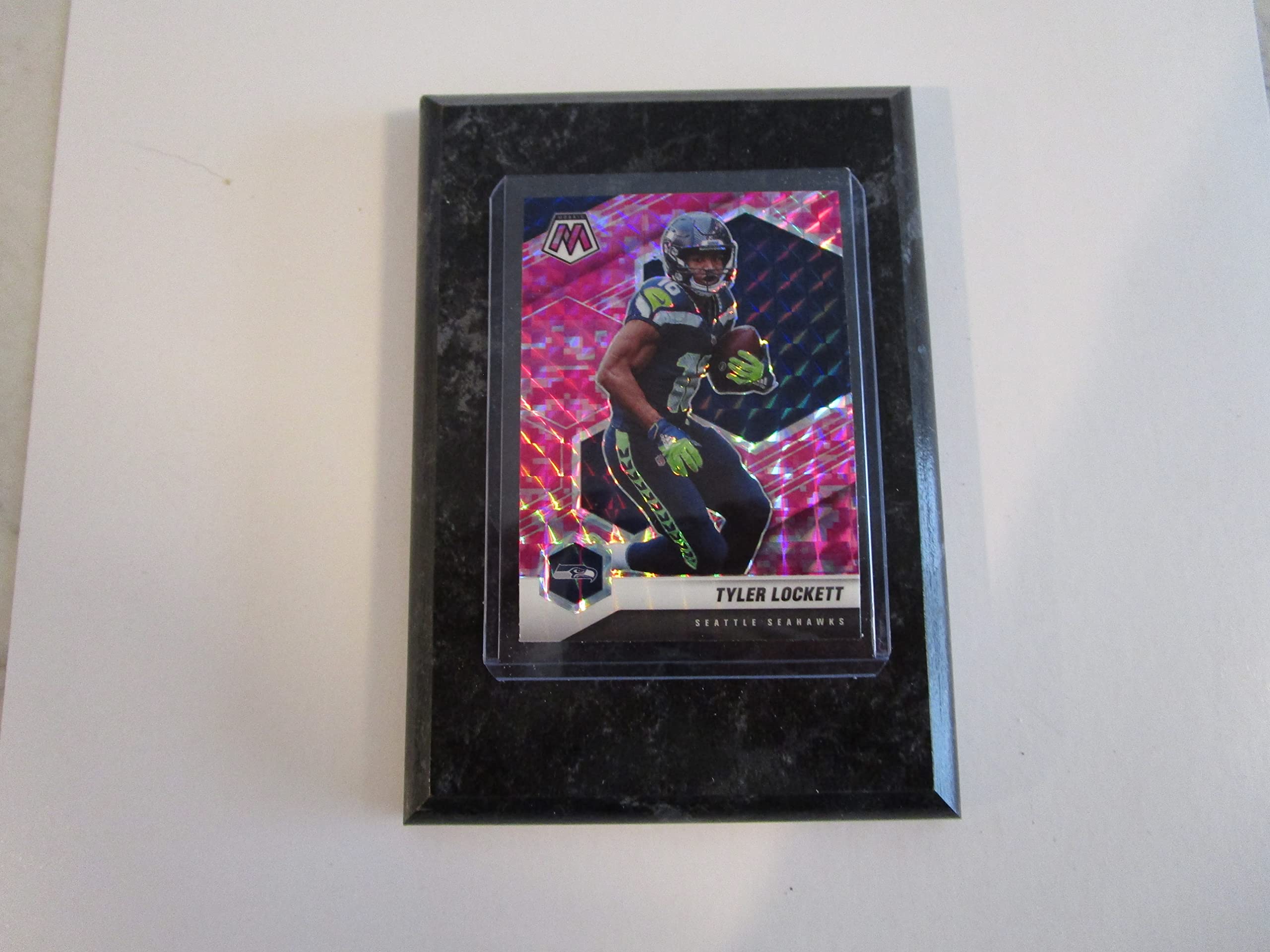 2021 Panini Mosaic Camo Pink Parallel Tyler Lockett Seattle Seahawks NFL Player Card - 4x6 Black Marble Plaque Display for Sports Memorabilia & Fan Collection