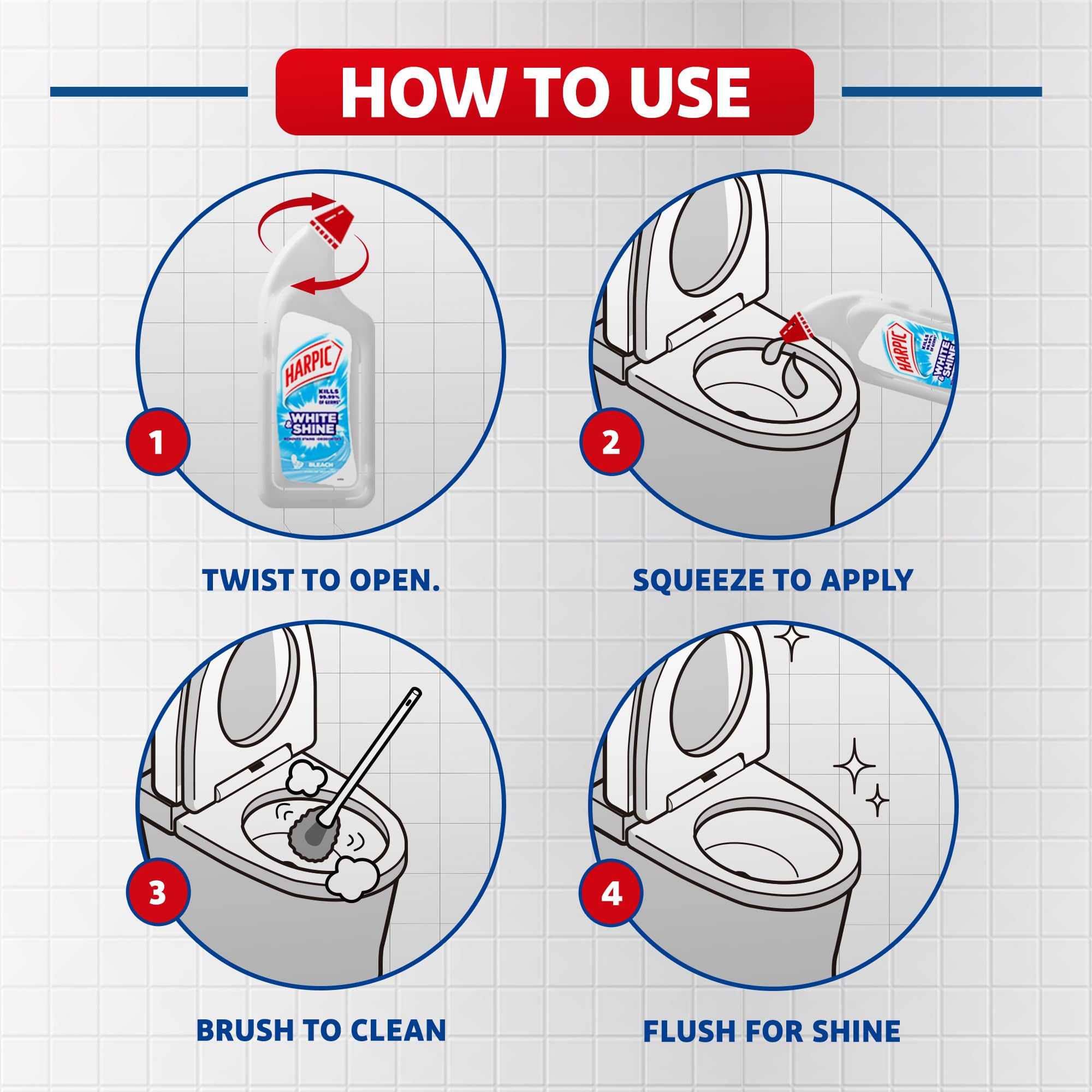Harpic 500ml Toilet Cleaner Liquid - Bleach, Disinfectant for White & Shiny Toilets | Bathroom Cleaning, Stain Removal & Odor Elimination