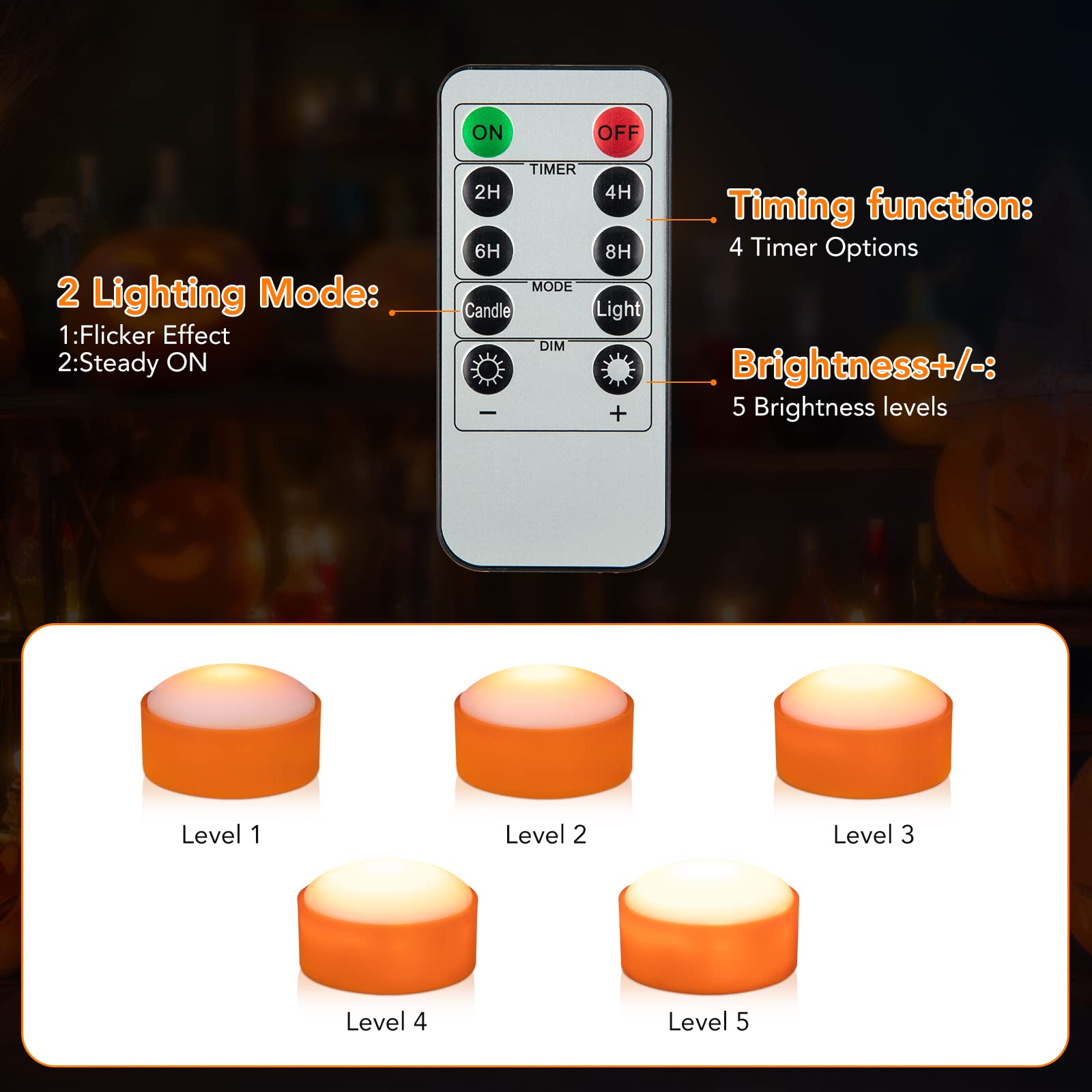 Litake LED Flameless Pumpkin Lights with Remote - 6 Pack Battery Operated Dimmable Halloween Candle Lights with Timer, Flickering Jack-O-Lantern Effect for Indoor/Outdoor Decor | Perfect for Halloween Porch, Yard, Party & Window Displays