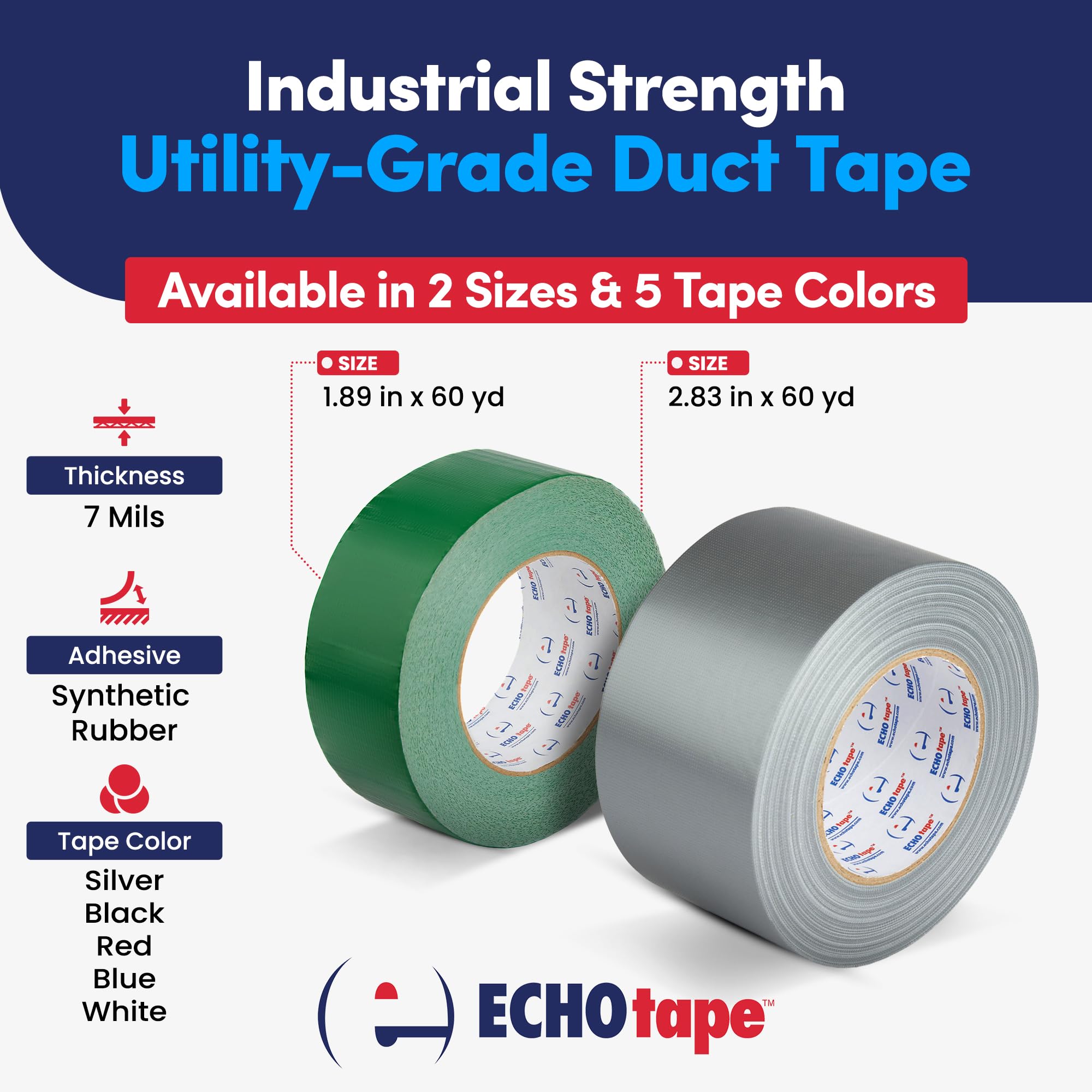 ECHOtape CL-W6064 Heavy Duty Duct Tape - Industrial Strength, Multi-Purpose Construction Tape for Contractors (1.89 in x 60 yds, White) - Perfect for Home Repairs, HVAC Sealing & Emergency Fixes