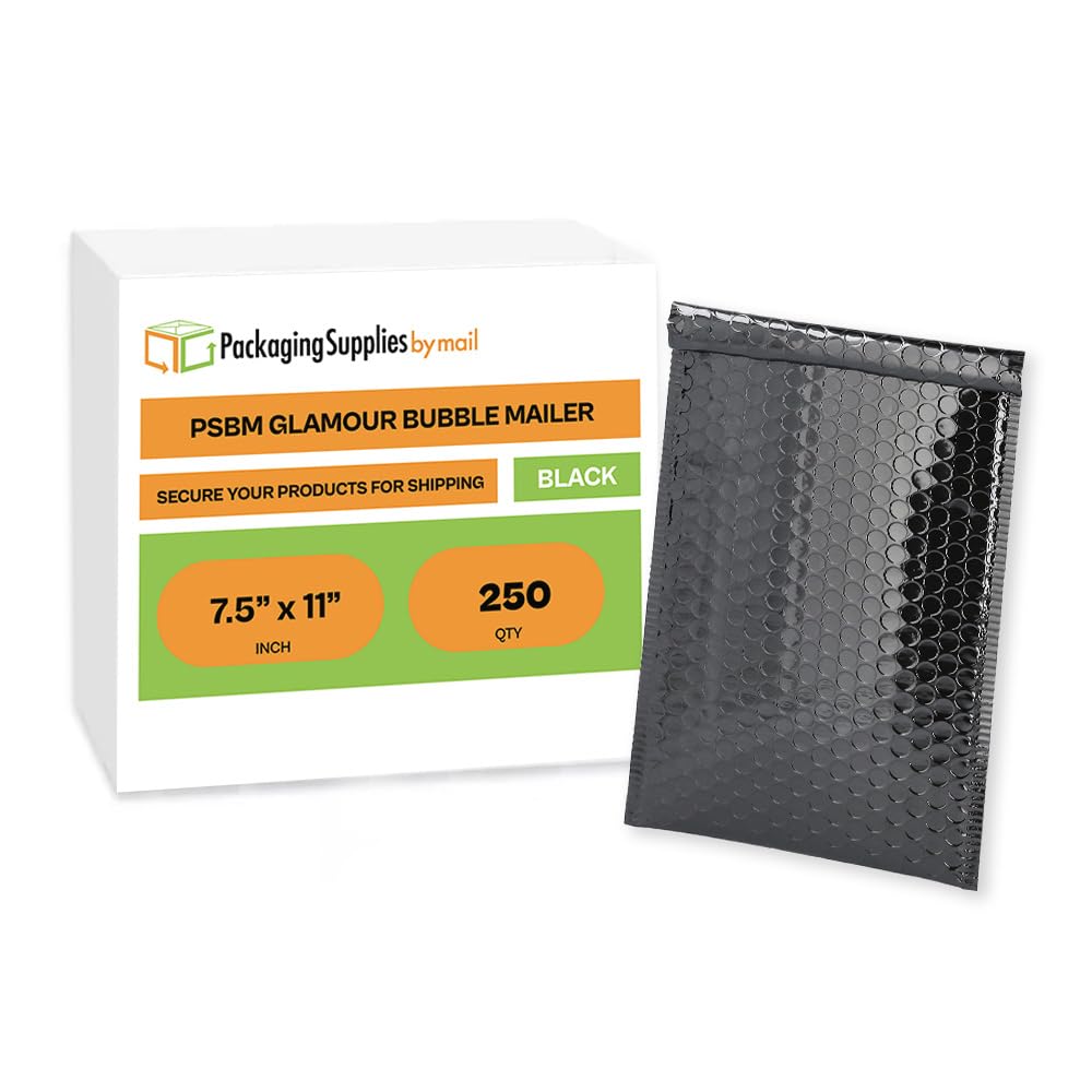 250 Glamour Black Metallic Bubble Mailers - 7.5x11 Inch Self-Sealing Padded Envelopes for Shipping, Bright & Shiny Exterior | Perfect for Ecommerce, Jewelry, Cosmetics & Small Business Packaging