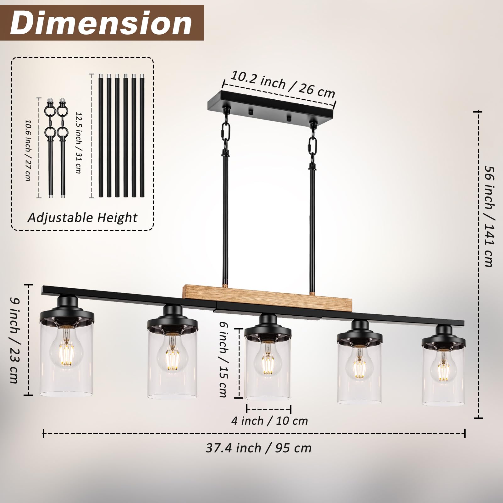 5-Light Farmhouse Kitchen Island Pendant Lighting - Adjustable Height Modern Black Chandelier for Dining Room, Table & Sloped Ceiling | Perfect for Rustic Kitchens, Open Concept Dining Areas & Farmhouse-Style Homes