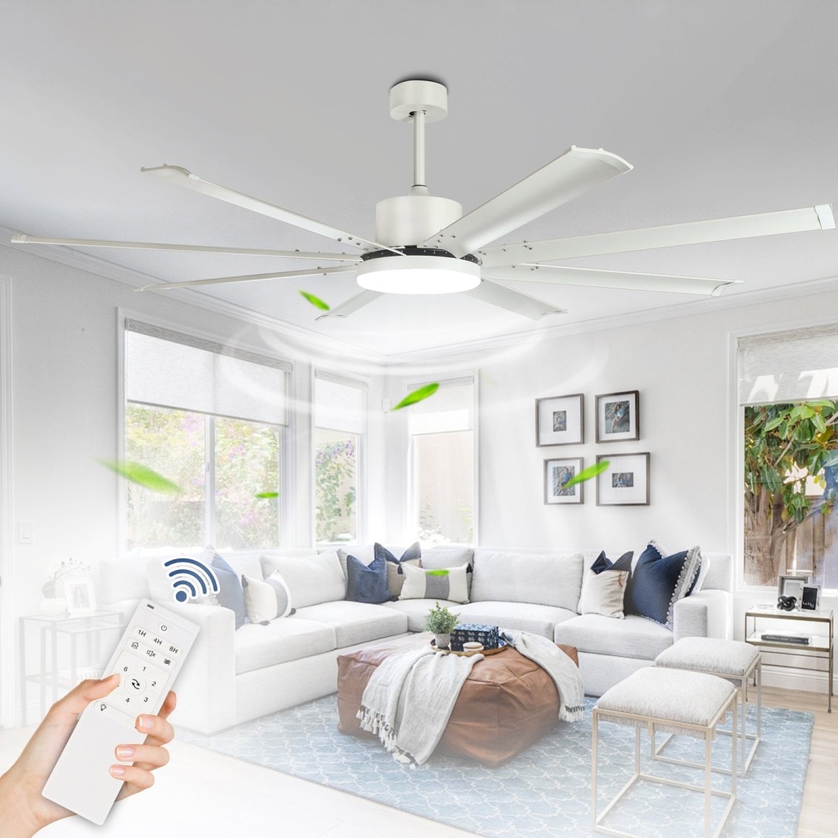 Depuley 72 Inch White Ceiling Fan with Light and Remote Control - 8 Reversible Aluminum Blades, 6 Speed Settings, 3CCT Dimmable LED - Indoor/Outdoor Industrial Ceiling Fan for Bedroom, Living Room, Patio, and Office Spaces