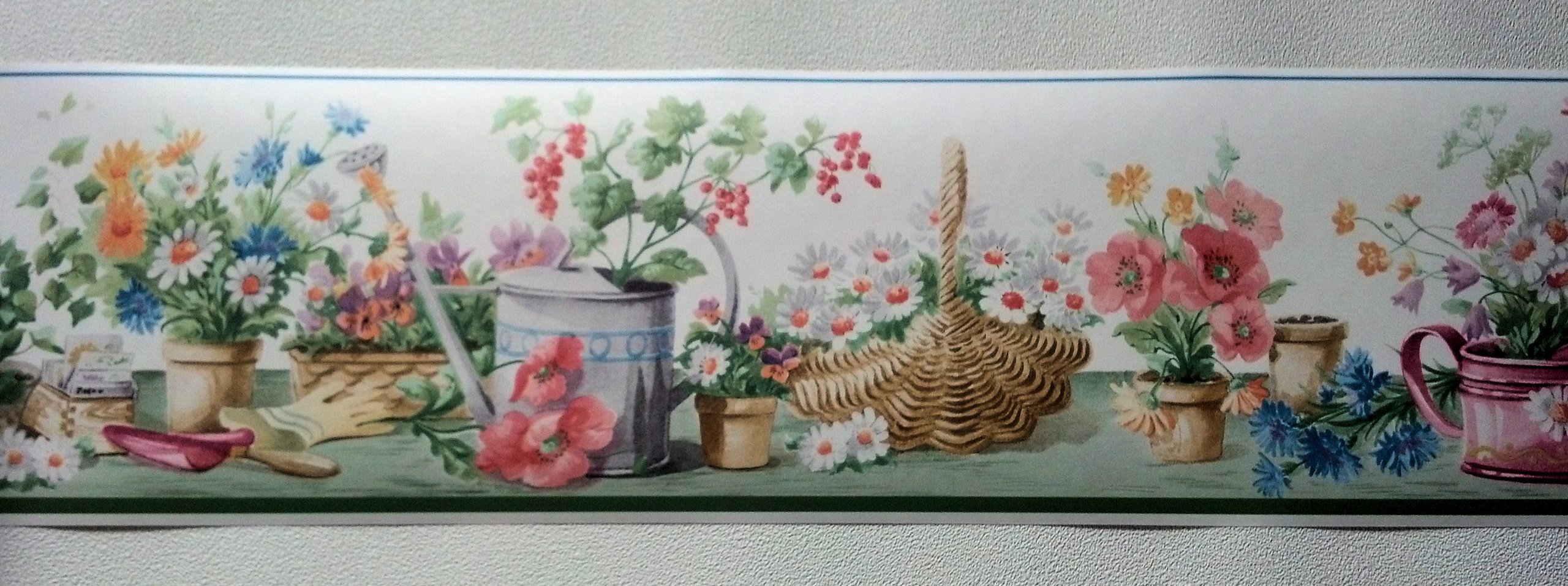Green Gardening Flowers Watering Can Wallpaper Border - Decorative Home Wall Stickers for Kitchen, Bathroom & Nursery Decor