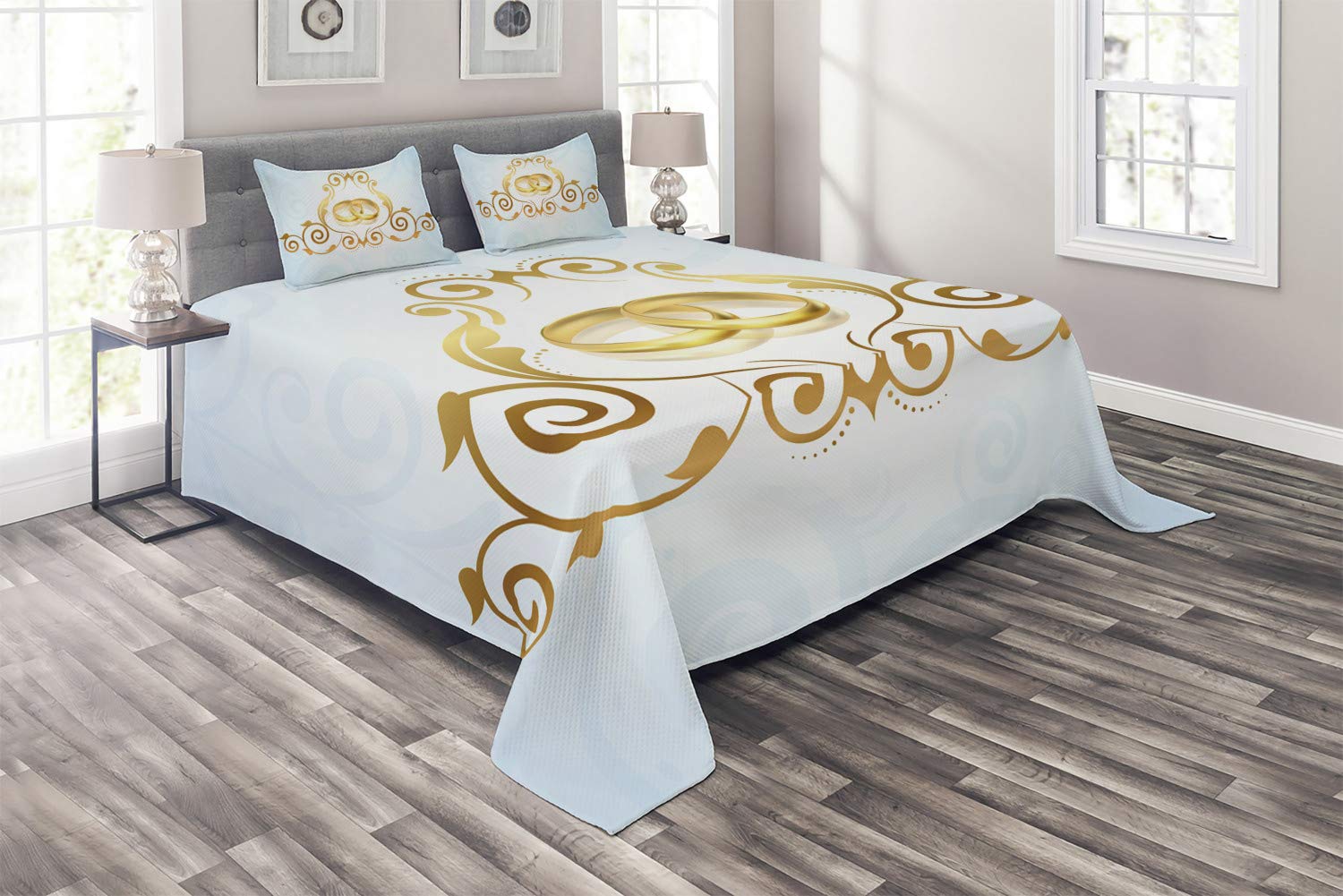 Ambesonne Vintage Victorian Wedding Coverlet Set - 3 Piece Blue & Caramel Yellow Quilted Bedspread with Pillow Shams, Queen Size | Perfect for Bridal Showers, Anniversary Gifts & Bedroom Decor