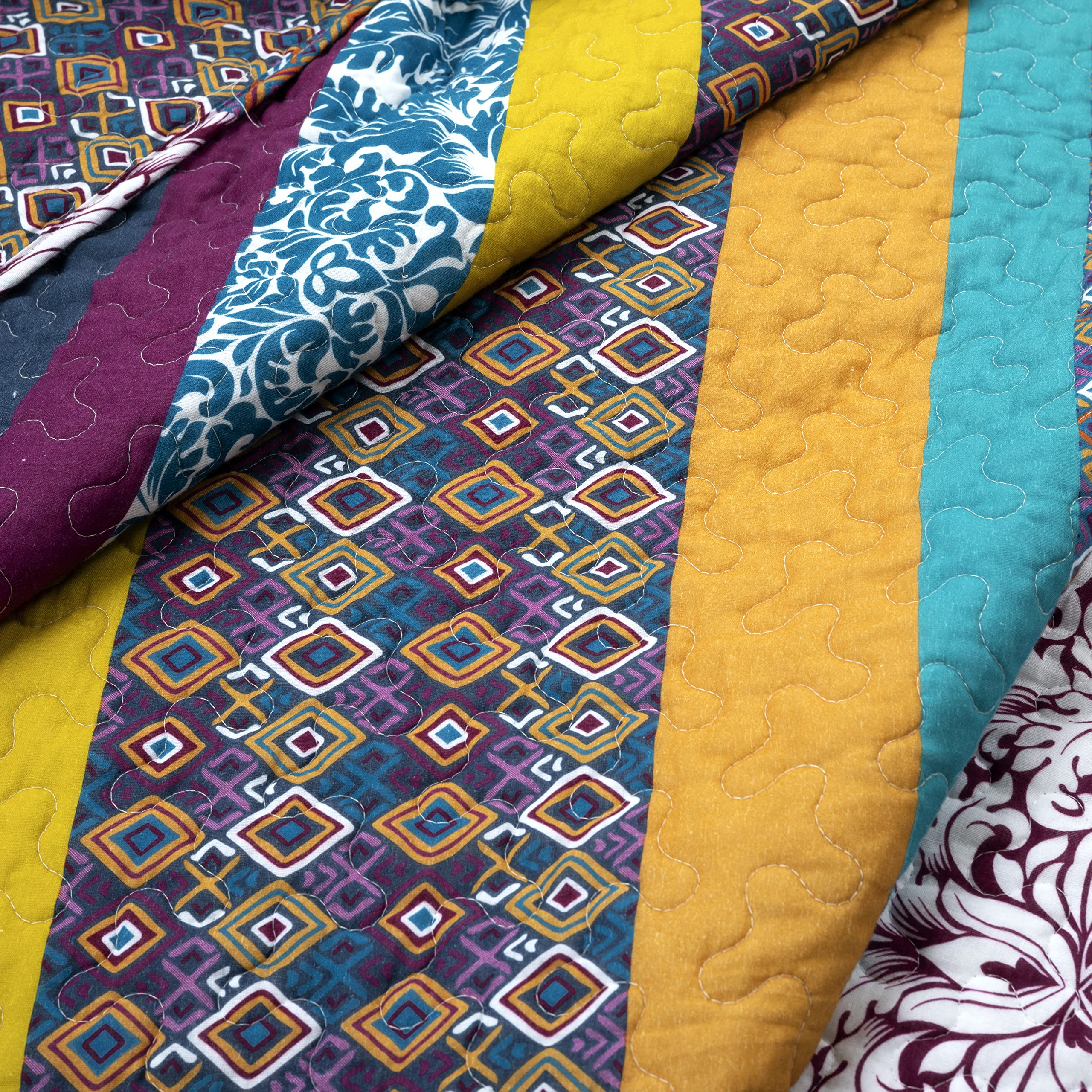 Lush Decor Boho Stripe Reversible Cotton Quilt 3-Piece Set | Full/Queen Size | Plum & Yellow Bohemian Bedding | Soft & Breathable Cotton | Perfect for Guest Rooms, Dorms & Bohemian Bedroom Decor