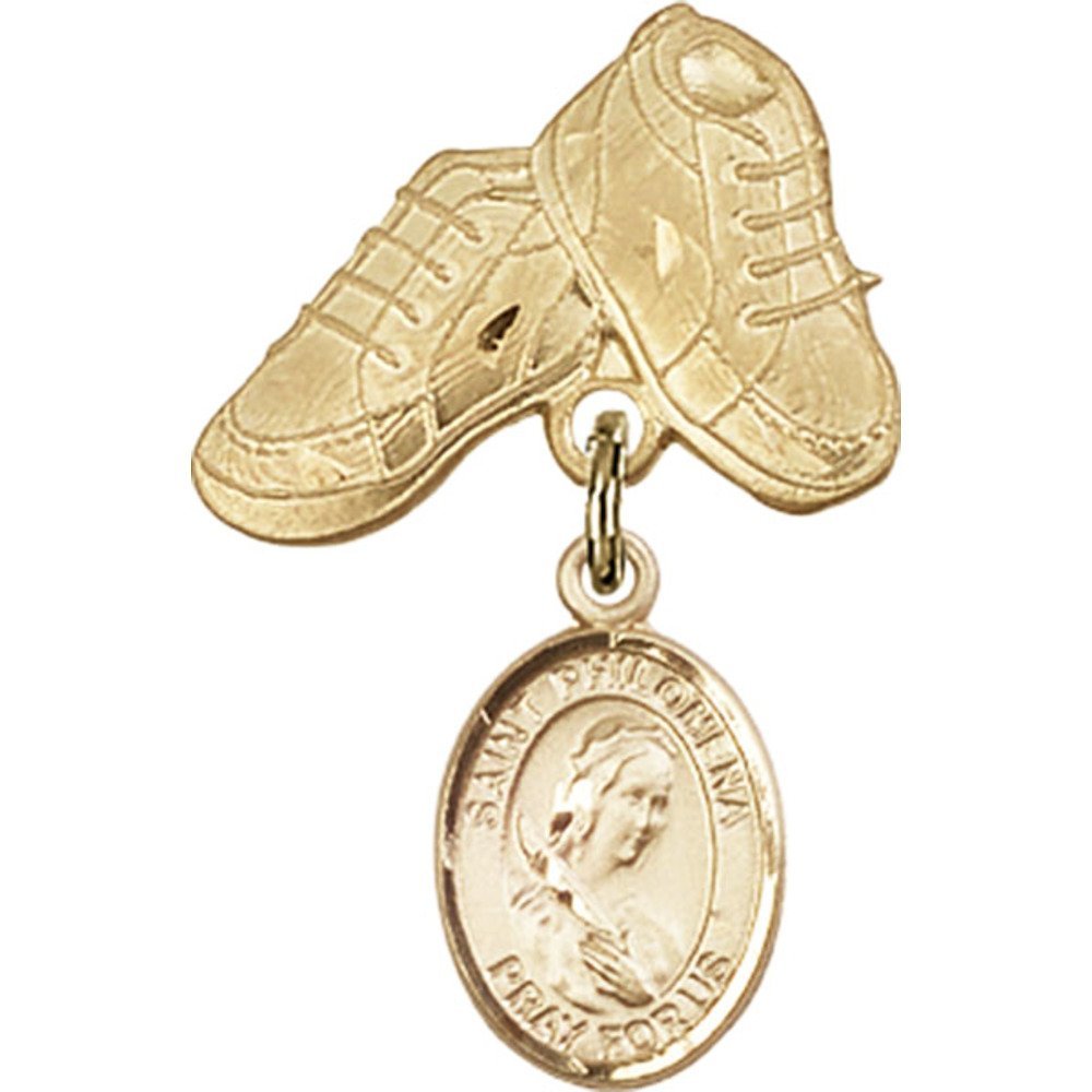 St. Philomena Gold Filled Baby Badge & Boots Pin - 1 X 5/8 Inch Religious Jewelry for Baptism, Christening & First Communion Gifts - Bonyak Jewelry Saint Medal Collection