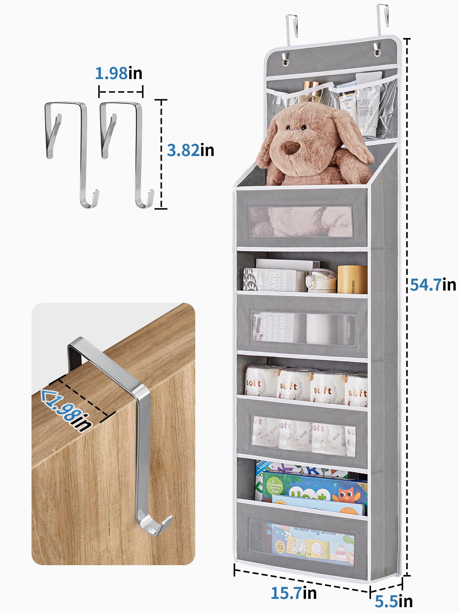 JARLINK 5-Shelf Over Door Organizer with Clear Window - Heavy Duty Hanging Storage (50 lbs Capacity) - Perfect for Bedroom, Bathroom, Nursery, Pantry & Toy Organization - Space-Saving Grey Storage Solution for Diapers, Toys & Household Items