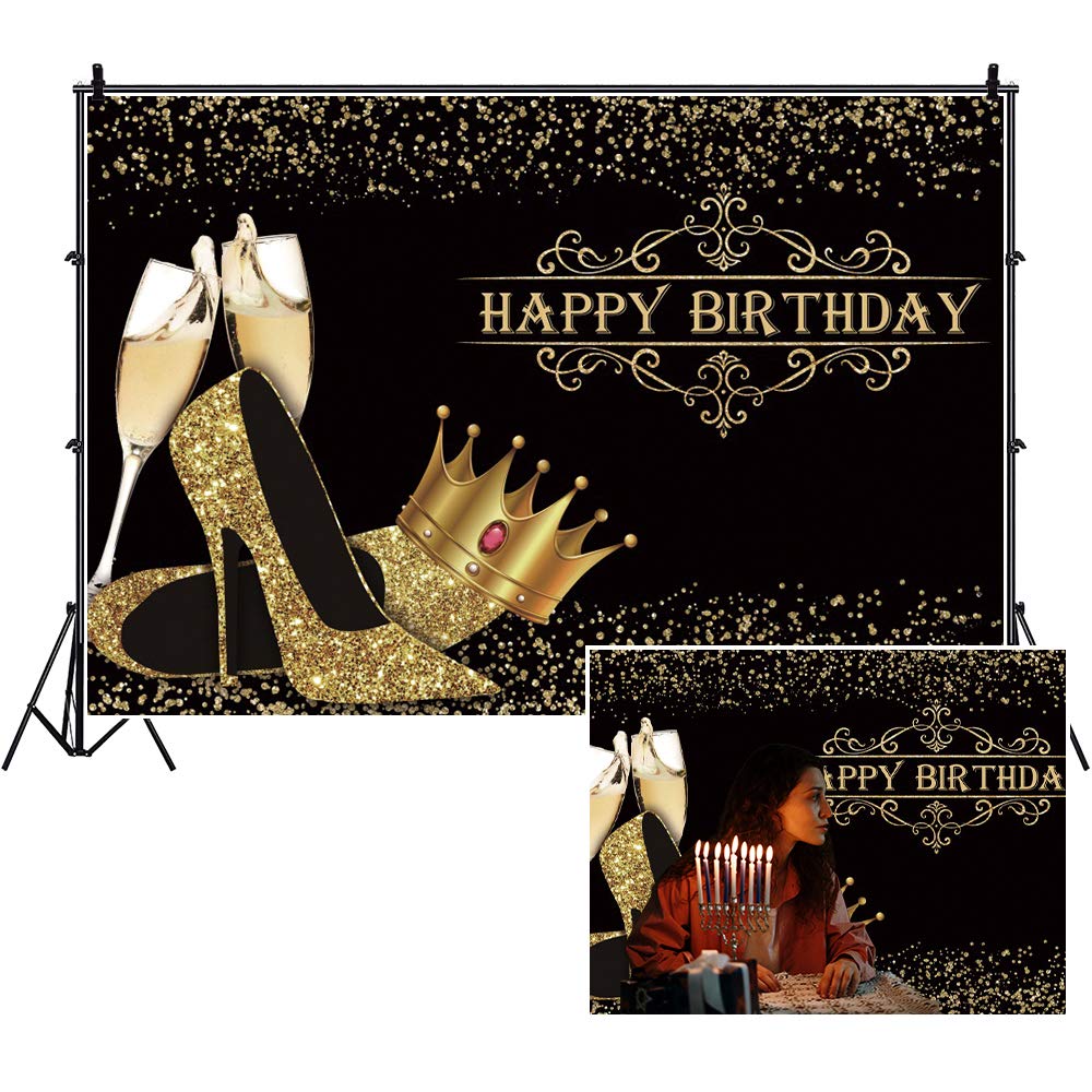 Yeele 7x5ft Black Gold Glitter Birthday Backdrop - Golden Sequin High Heels & Champagne Crown Photography Background for Women's Parties, Cake Table Decor, Photo Booth - Perfect for Birthday Celebrations, Baby Showers & Bridal Showers