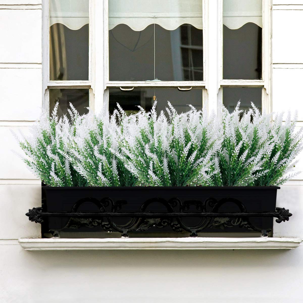 8 Bundles Artificial Lavender Flowers UV Resistant Faux Plastic Plants for Outdoor Garden Porch Window Box Decor - Classic White - Perfect for Home, Wedding, Party & Office Decoration