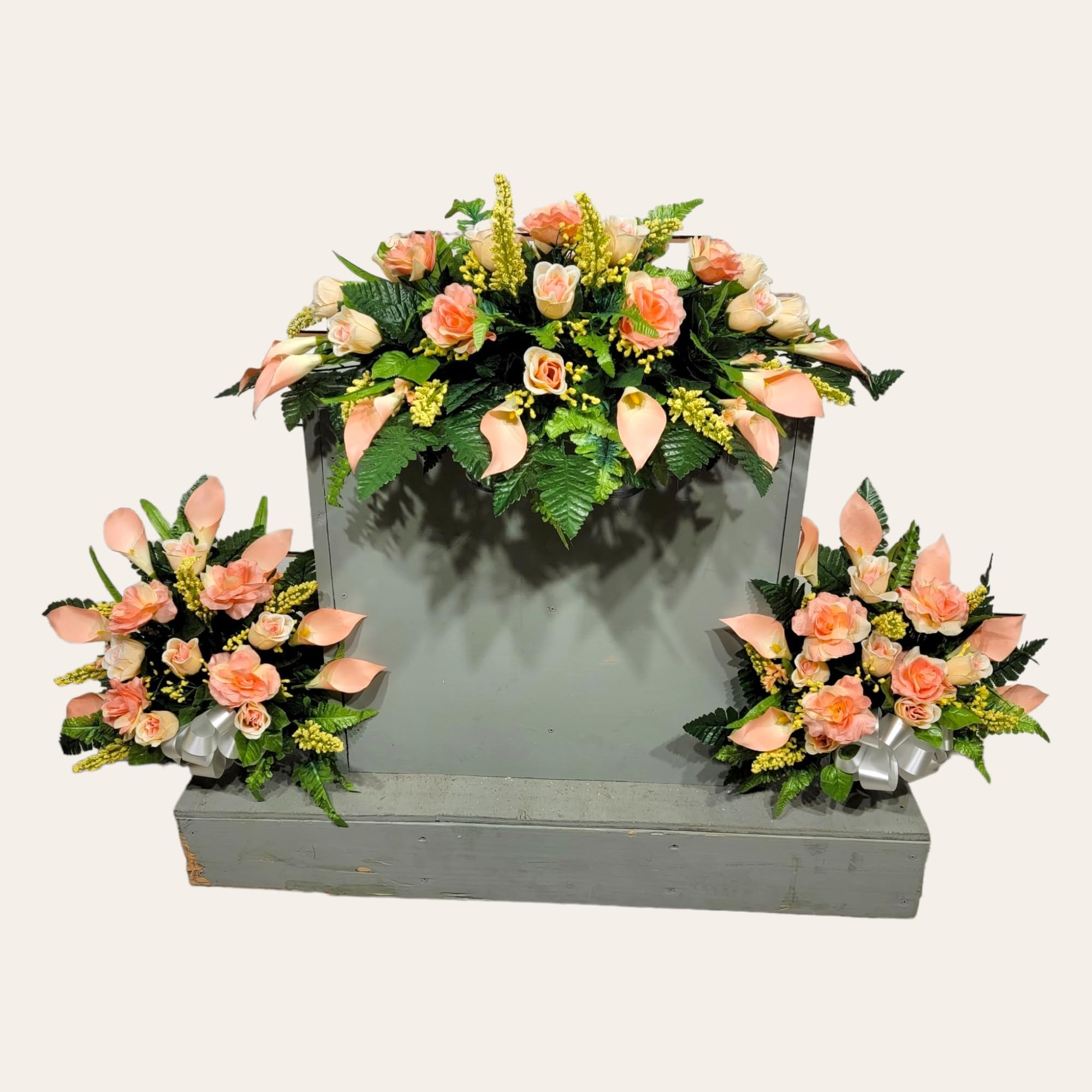 Realistic Artificial Cemetery Flowers - Silk Faux Peach Rose & Calla Lily Bouquet Pair for Grave Decor - Headstone Saddle Memorial Arrangement - Perfect for Graveside, Funeral, and Memorial Services