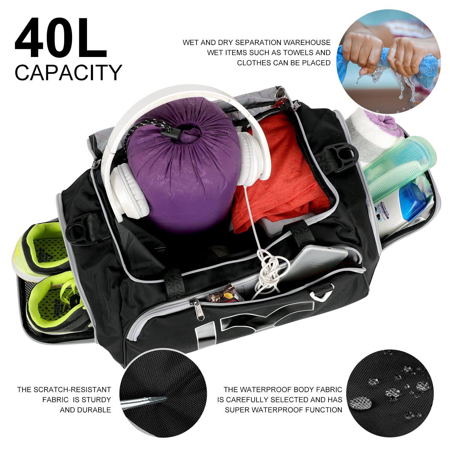 **INOXTO 40L/55L Waterproof Gym Bag for Men & Women - Sports Duffel with Wet/Dry Pocket & Shoe Compartment - Ideal for Fitness, Swimming, Travel & Workout (Black/White, 40L)**