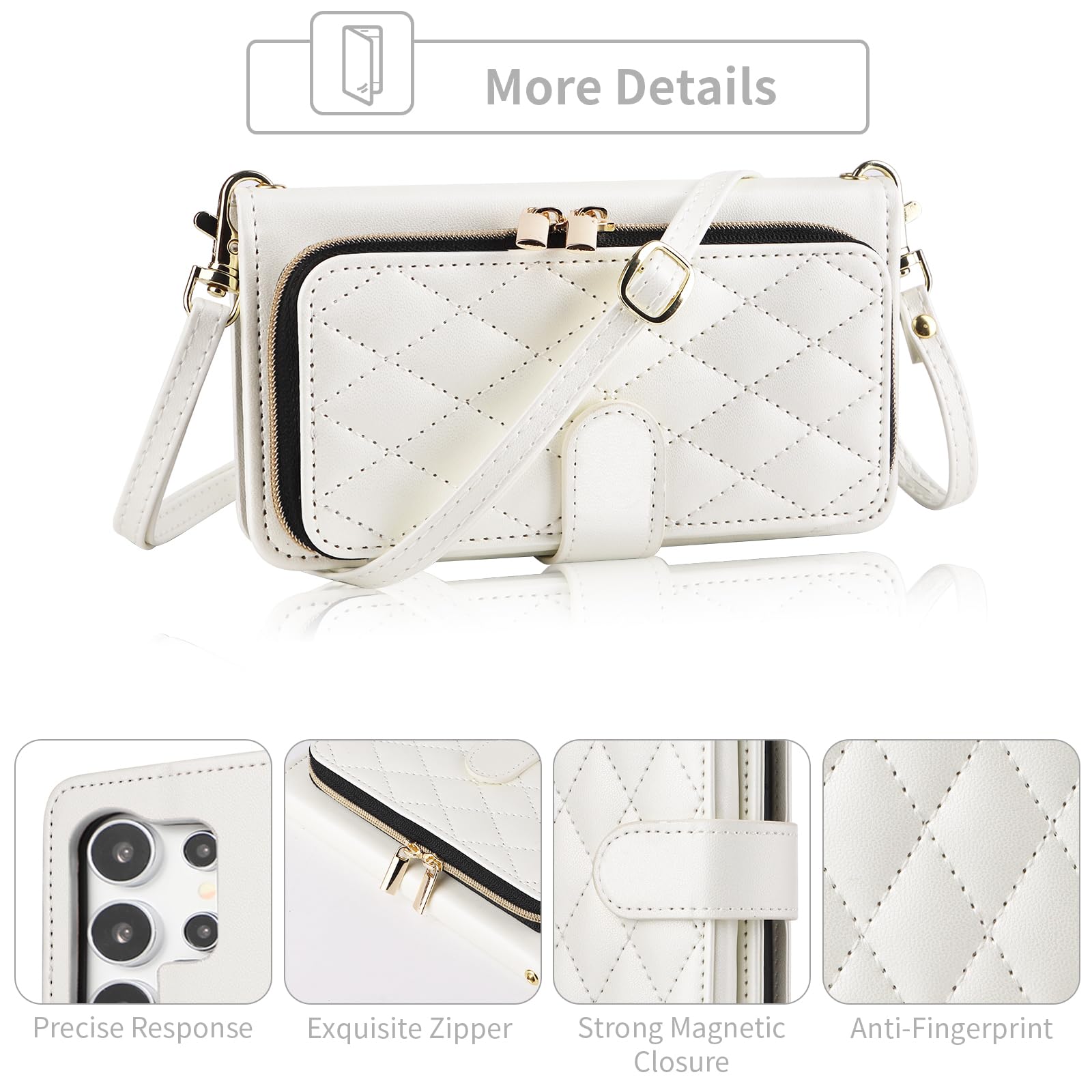 Premium PU Leather Wallet Case for Samsung Galaxy S24 Ultra 5G - Luxury Phone Cover with 9+ Card Slots, Wrist Strap & Crossbody Shoulder Strap - Zipper Purse Design - Perfect for Work, Travel & Everyday Use (White)