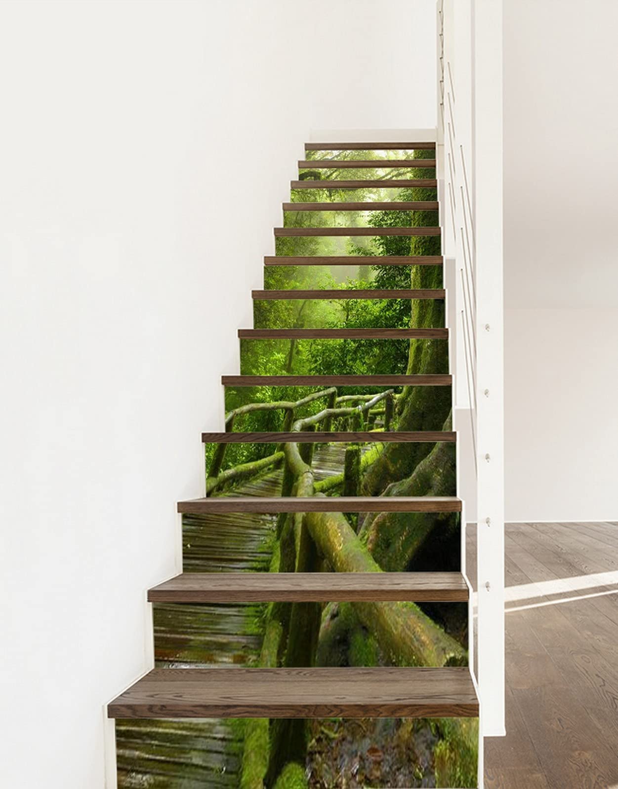 3D Self-Adhesive Removable Stair Stickers - Tropical Jungle Rainforest Theme with Trees & Wooden Bridge - Waterproof Vinyl Decals for Stair Risers, Kitchen Tiles, Walls (13-Piece Set) - Perfect for Home Decor, Nursery, Playroom & Office Spaces