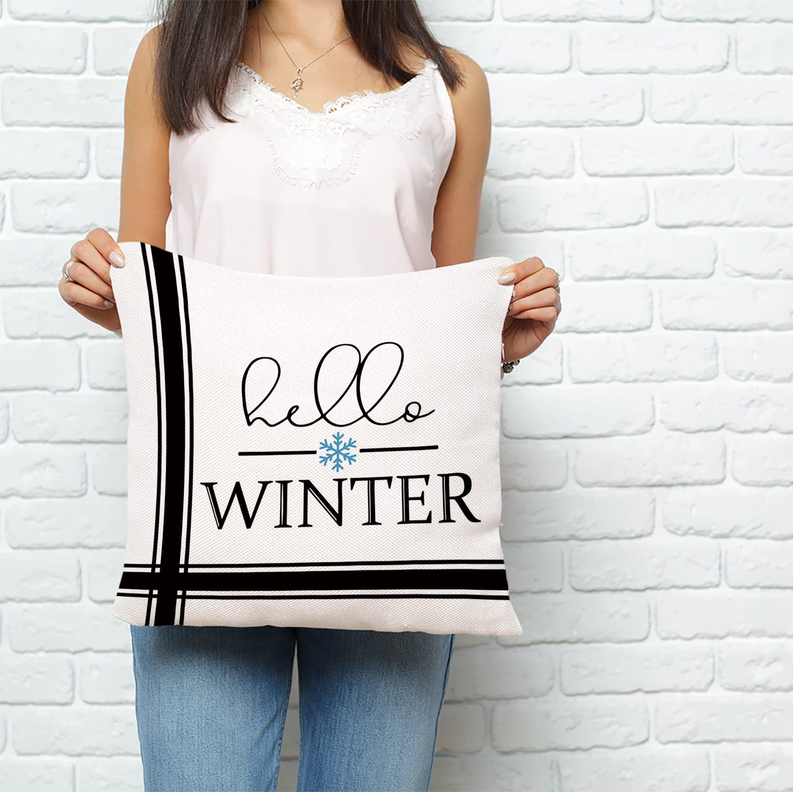 20x20 Inch Winter Throw Pillow Covers - Snowflake & Black Stripes Holiday Decorative Cushion for Sofa, Couch, Chair | Cozy Christmas Home Decor for Living Room, Bedroom & Seasonal Festivities