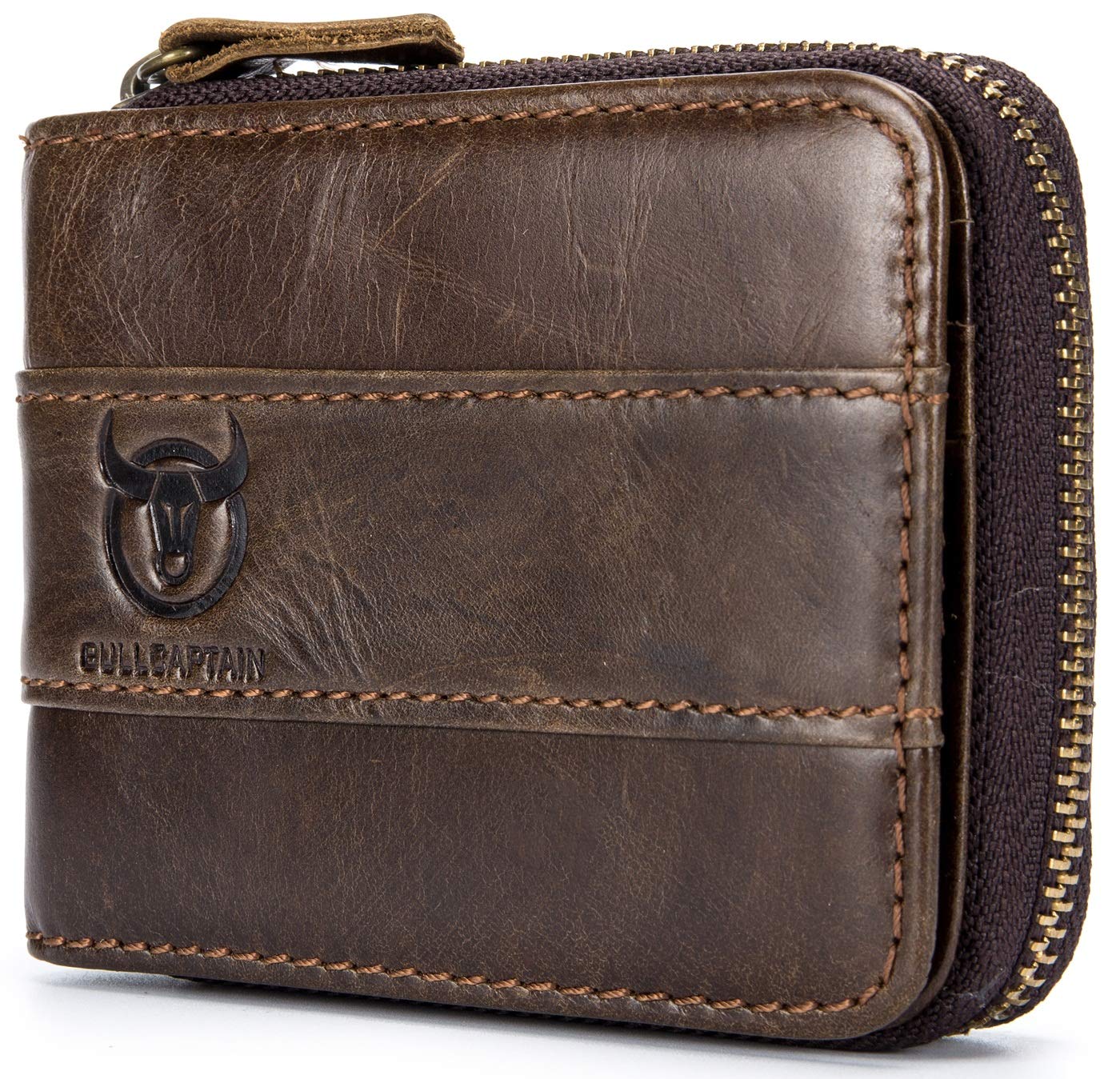 BULLCAPTAIN Genuine Leather Men's RFID Blocking Bifold Wallet with Zipper - Large Capacity Multi Card Holder & Coin Pocket (Brown) | Perfect for Everyday Use, Travel & Business