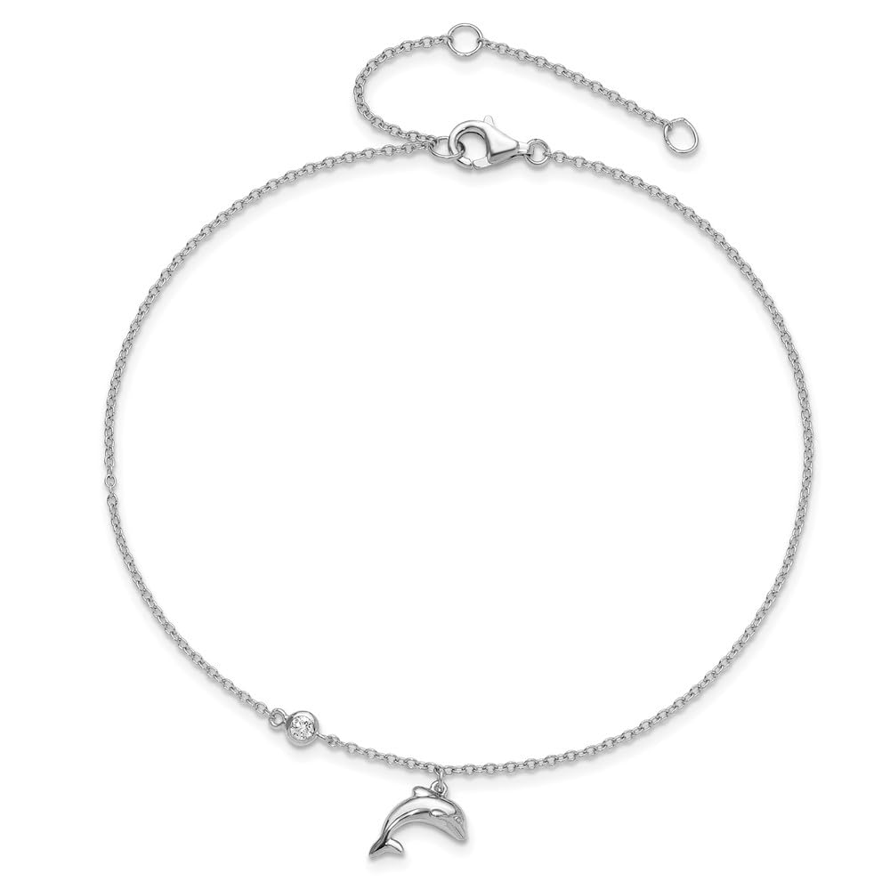 925 Sterling Silver Cubic Zirconia Dolphin Anklet Chain - Elegant Fine Jewelry for Women, Perfect Gift for Her - Adjustable 9