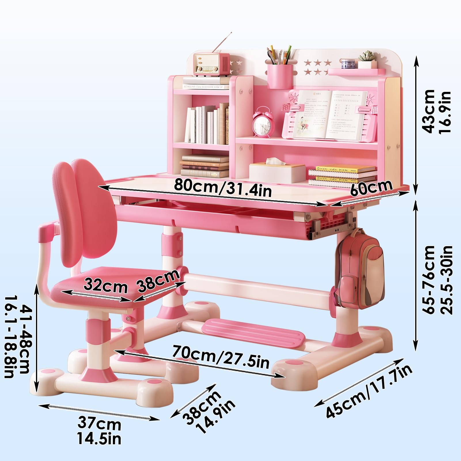 Adjustable Kids Desk and Chair Set - Ergonomic Study Table with Book Stand & Foot Pedal for Children - Blue Height-Adjustable Student Desk for Home Schooling, Online Learning & Homework Station