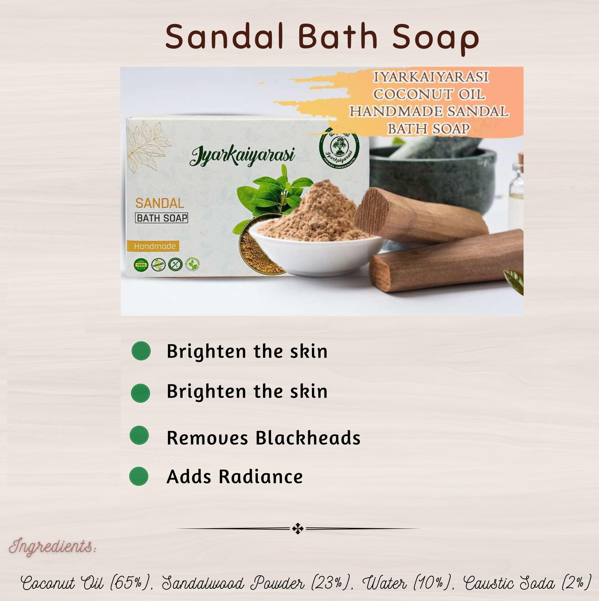 Iyarkaiyarasi Pure Coconut Oil & Neem Handmade Bath Soap | Fragrance-Free, Vegan, Chemical-Free | Premium Herbal Soap Bar 100g (Pack of 2) | For Sensitive Skin & Daily Cleansing
