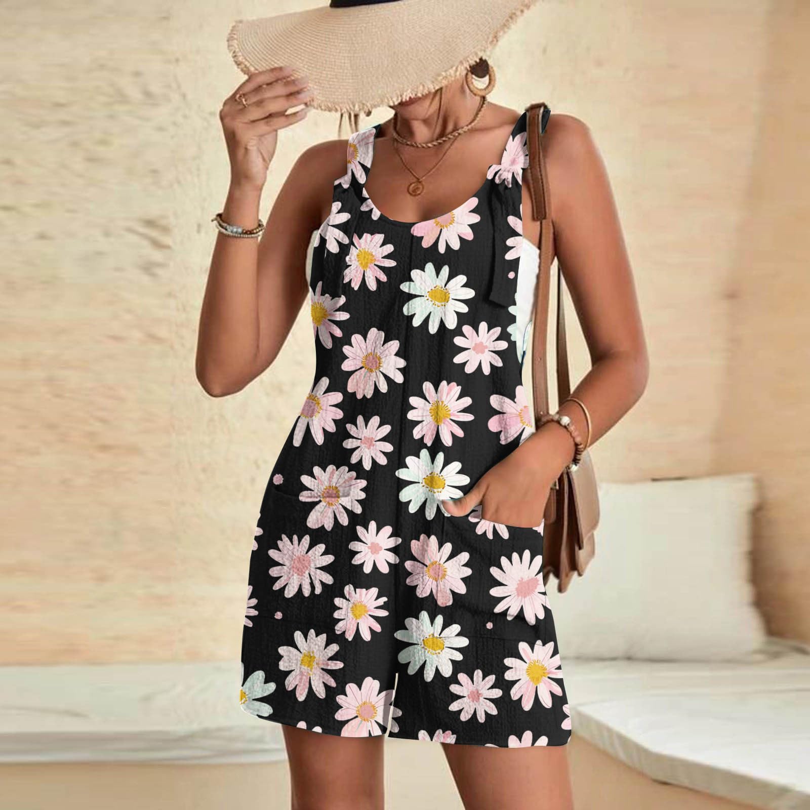 Women's Daisy Sunflower Romper - Casual Summer Jumpsuit with Pockets | Beach & Outing Wear
