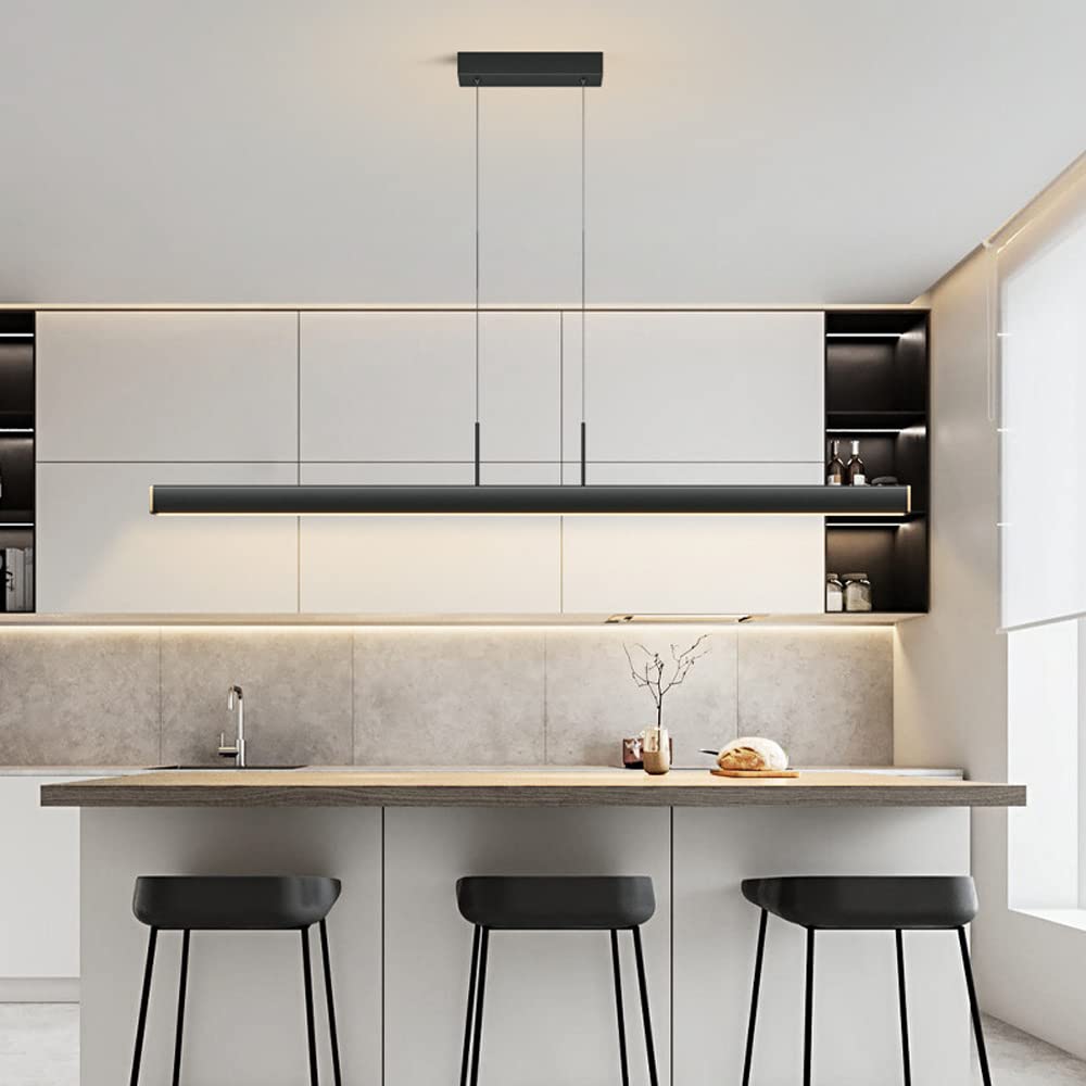 Modern LED Linear Pendant Light - Wooden Kitchen Island Chandelier for Dining Room, Bar & Office | Minimalist Long Hanging Lamp with Energy Efficient Lighting | Perfect for Contemporary Homes, Restaurants and Workspaces
