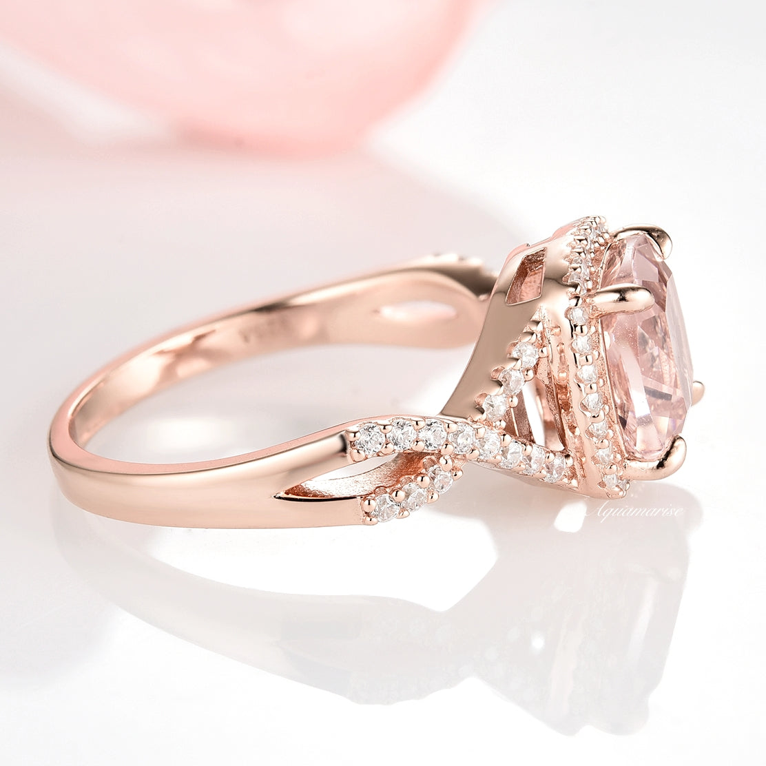 14K Rose Gold Vermeil Flair Cushion Cut Morganite Ring | Elegant Engagement, Wedding, Anniversary Jewelry Gift for Women