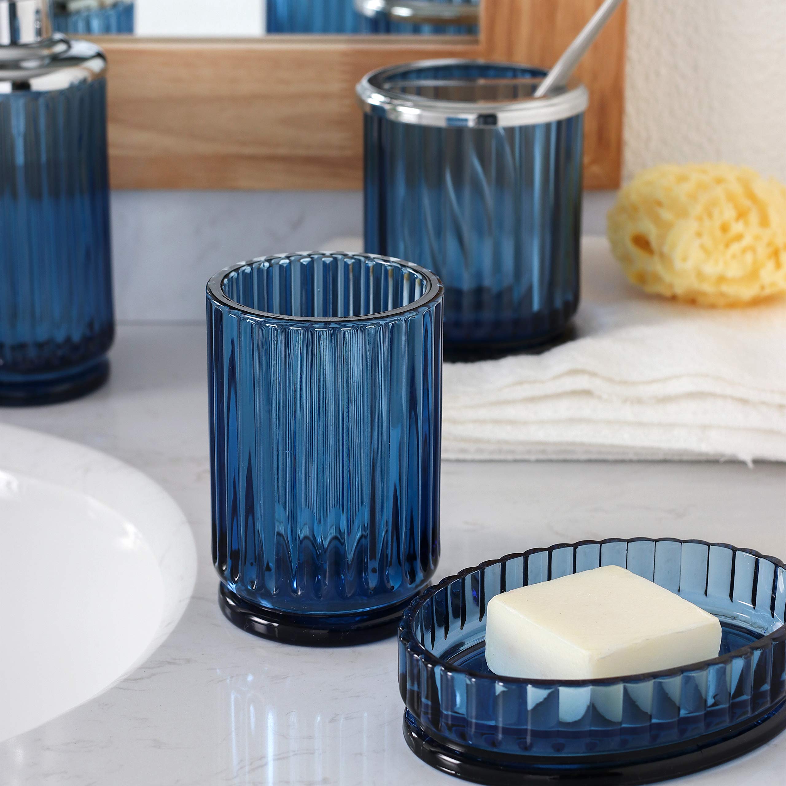 4-Piece Heavyweight Blue Glass Bathroom Accessories Set with Decorative Pressed Pattern - Includes Soap Dispenser, Toothbrush Holder, Soap Dish & Tumbler in Cobalt Blue | Modern Bathroom Decor for Home, Hotel & Spa Use