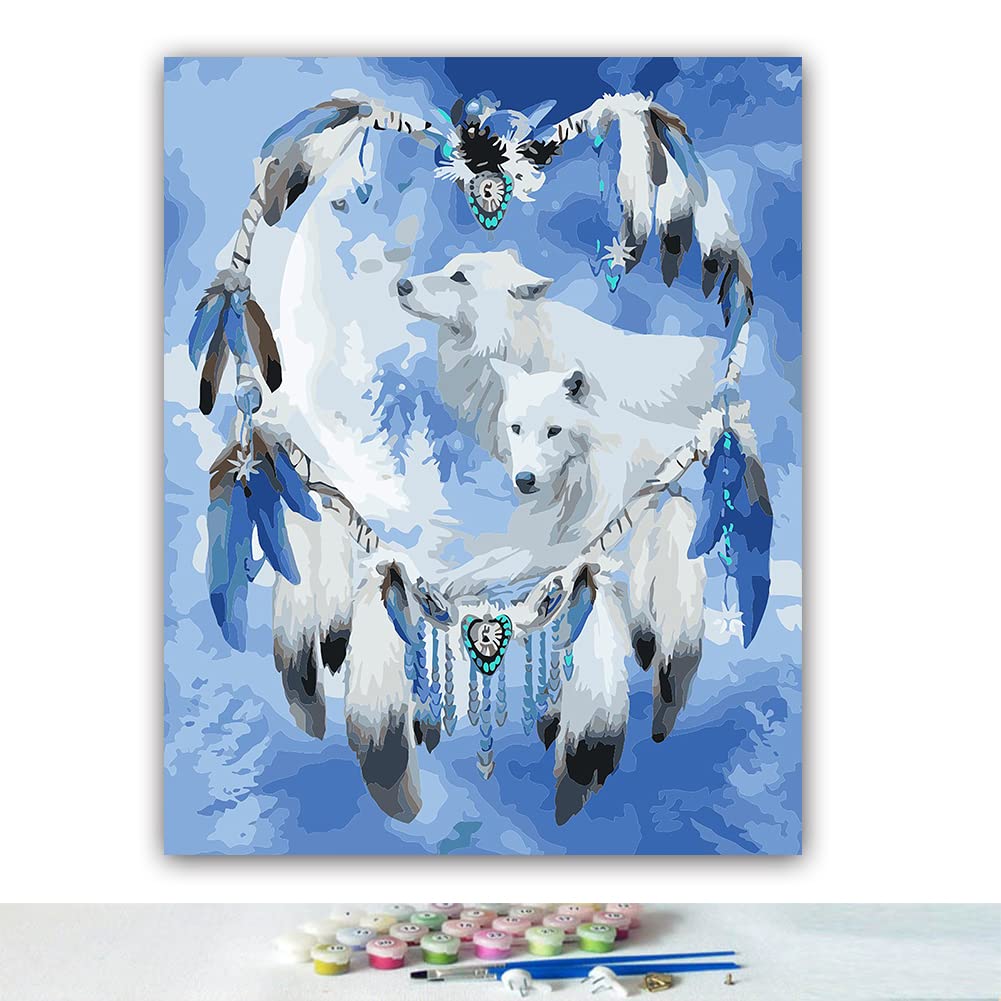 Adult Paint by Numbers Kit for Beginners - Wrinkle-Free Rolled Canvas Wolf Art (16x20 Inch No Frame) - DIY Home Decor & Stress Relief Activity