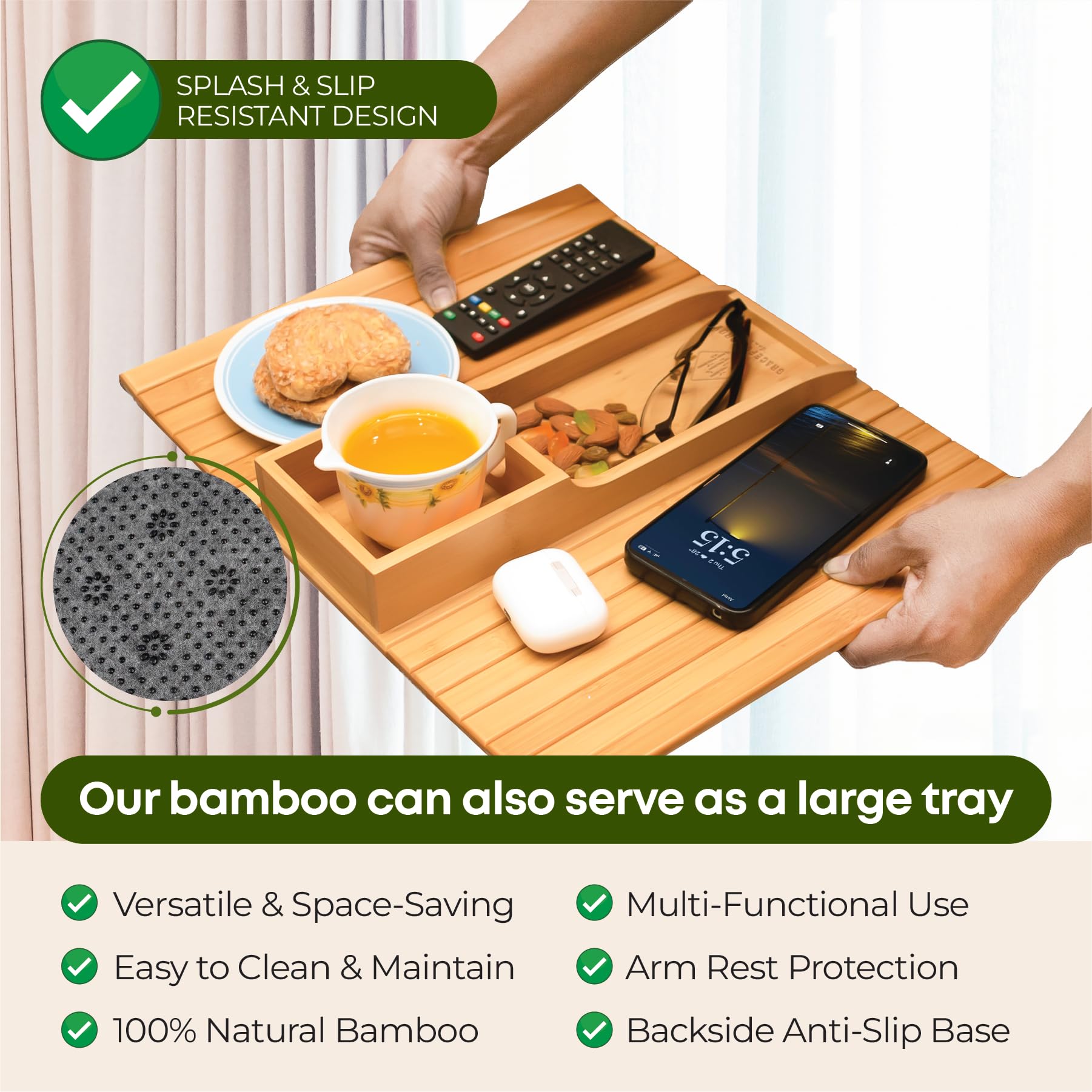 Foldable Bamboo Sofa Armrest Tray with Cup Holder - Anti-Slip Couch Arm Table for Drinks, Phone, Remote & Snacks - Secure Edge Design, Sturdy & Easy to Clean - Perfect for Living Room, Bedroom or Office Use