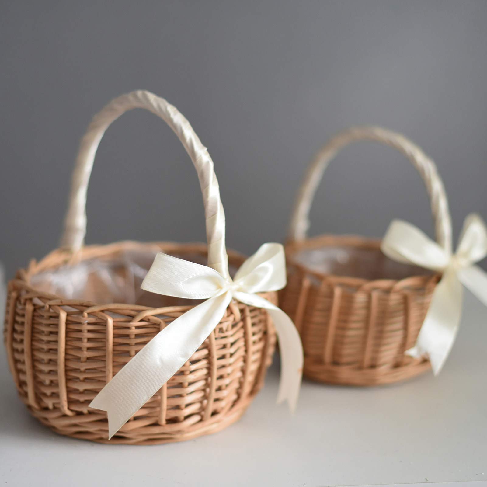 White Woven Wicker Flower Basket - Handheld Wedding Flower Girl Basket, Decorative Storage Basket for Home & Picnic | Perfect for Weddings, Parties, and Outdoor Gatherings