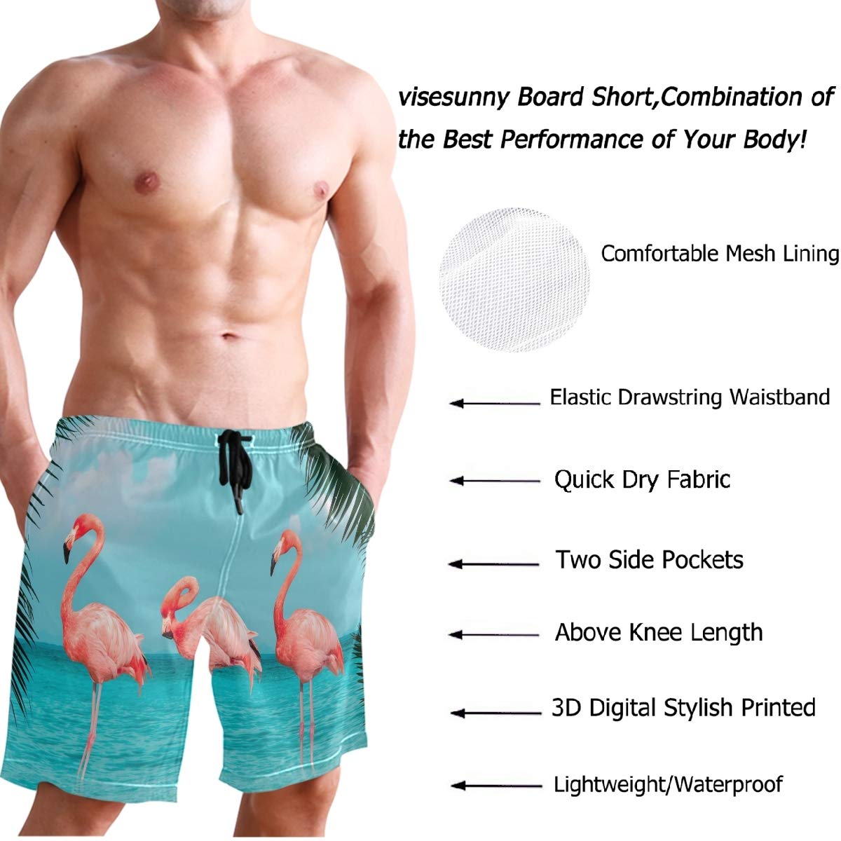 Visesunny Men's Quick-Dry Swim Trunks - Pink Flamingo & Blue Sea Print, Mesh Lining for Comfort, Perfect for Beach, Pool, Running & Water Sports