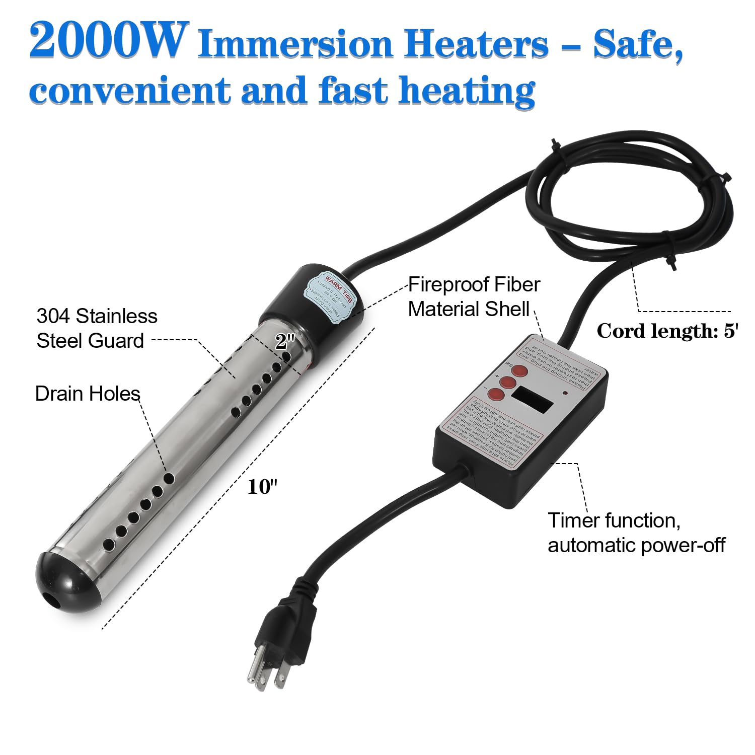 2000W Stainless Steel Immersion Water Heater with Digital LCD Thermometer - Bucket Heater for Pool, Bathtub, Inflatable Pool | Fast Heating for Home, Camping & Outdoor Use