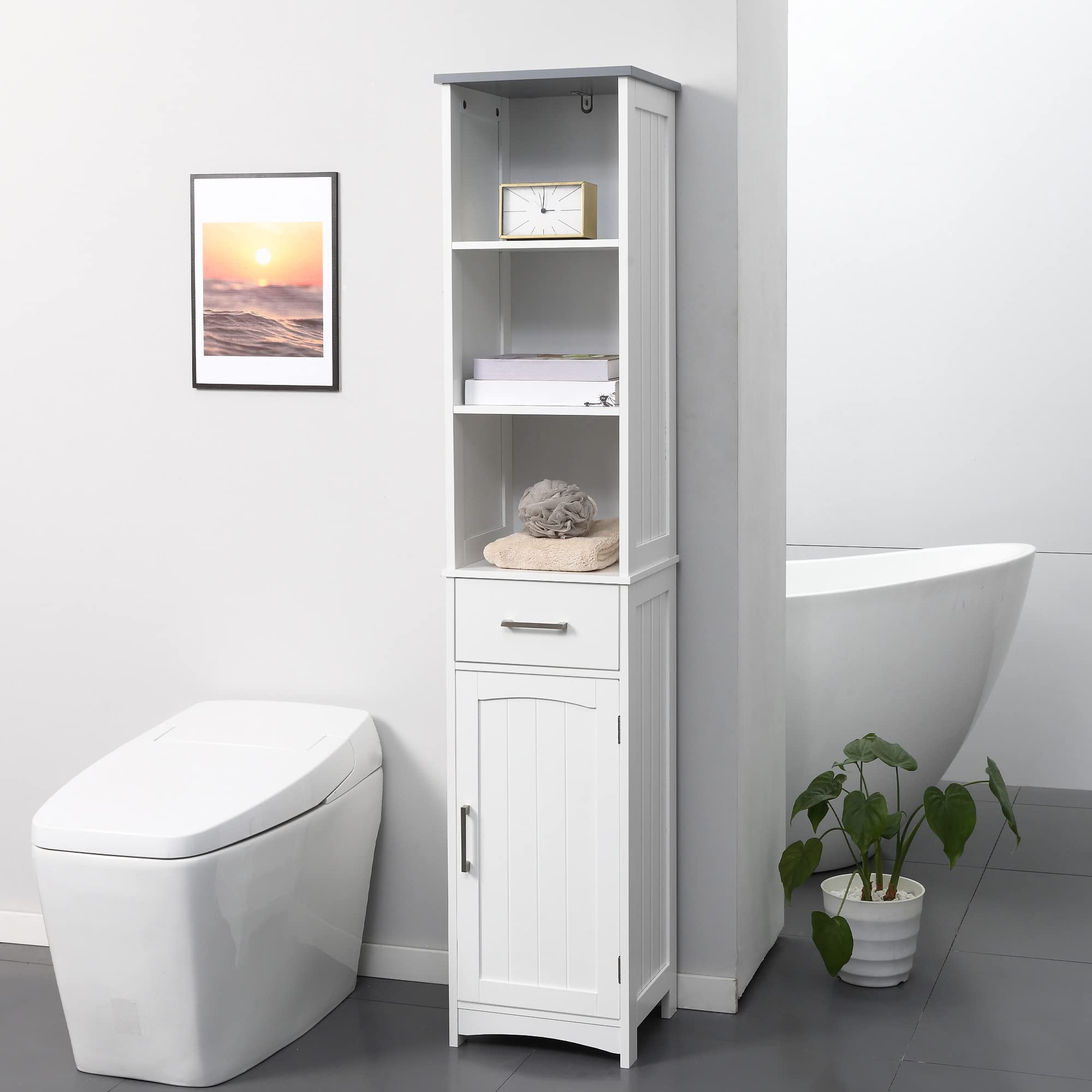Kleankin 3-Tier Tall Bathroom Storage Cabinet with Adjustable Shelves & Drawer - Slim Freestanding Linen Tower for Bathroom Organization - White - Perfect for Small Spaces, Apartment Bathrooms & Closet Storage