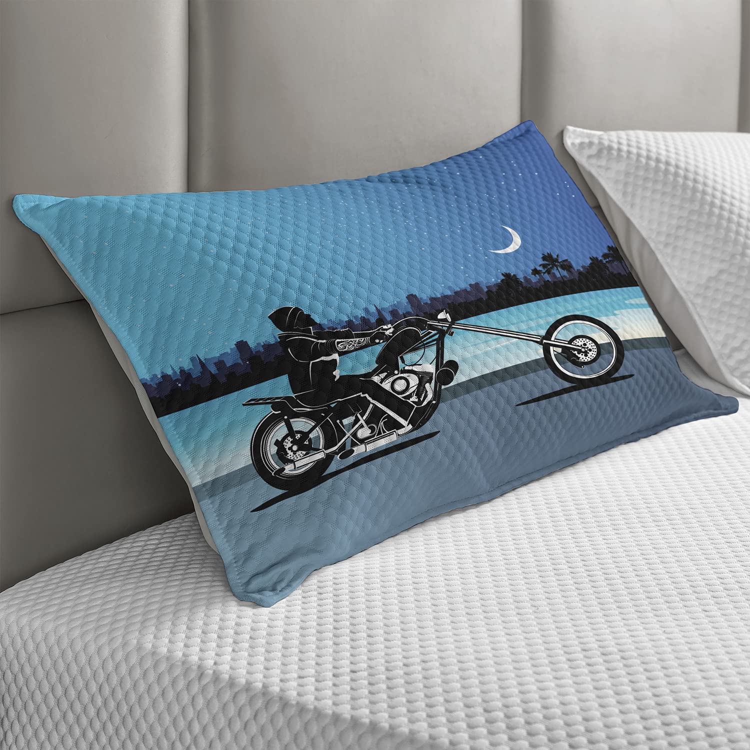 Ambesonne Motorcycle Quilted Pillow Cover - Chopper Biker Riding Starry Night Sky Cityscape Silhouette Art - Standard Queen Size 30x20 Inch - Black Navy Home Decor for Bedroom, Living Room, Man Cave & Biker Gifts
