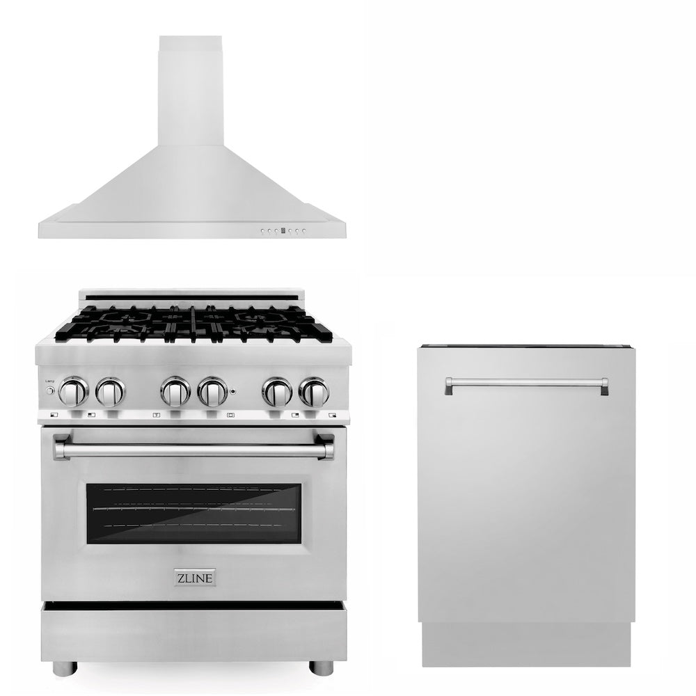 ZLINE 30 Inch Stainless Steel Dual Fuel Range Kitchen Package with Convertible Range Hood & Tall Tub Dishwasher (3KP RARH30 DWV) - Perfect for Modern Kitchens & Home Renovations