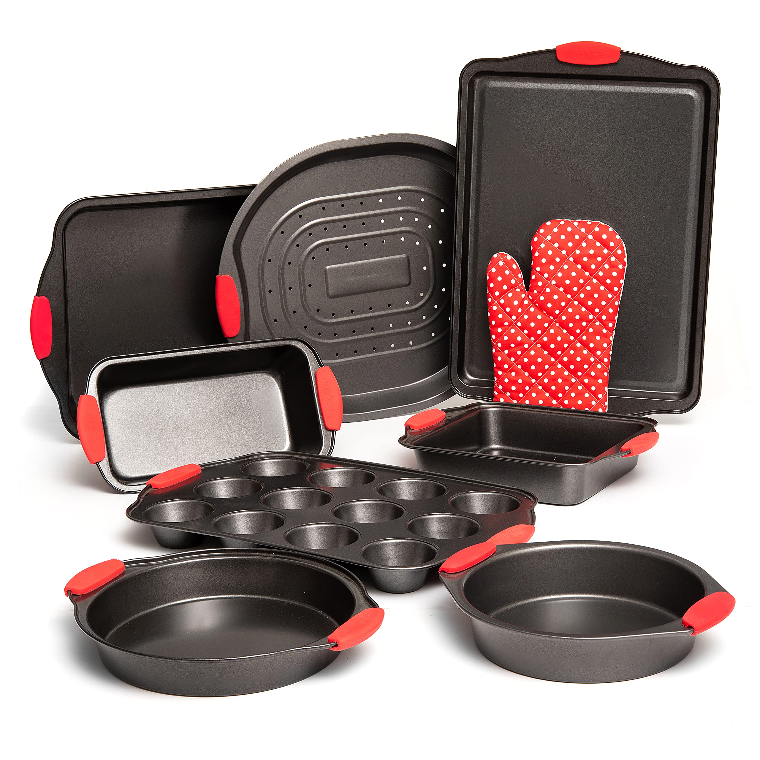 9-Piece Non-Stick Baking Pan Set - Carbon Steel PTFE Coated Bakeware with Heat-Resistant Red Silicone Handles | Oven-Safe Black Baking Sheets for Cakes, Cookies & Roasting | Perfect for Home Bakers & Professional Kitchens