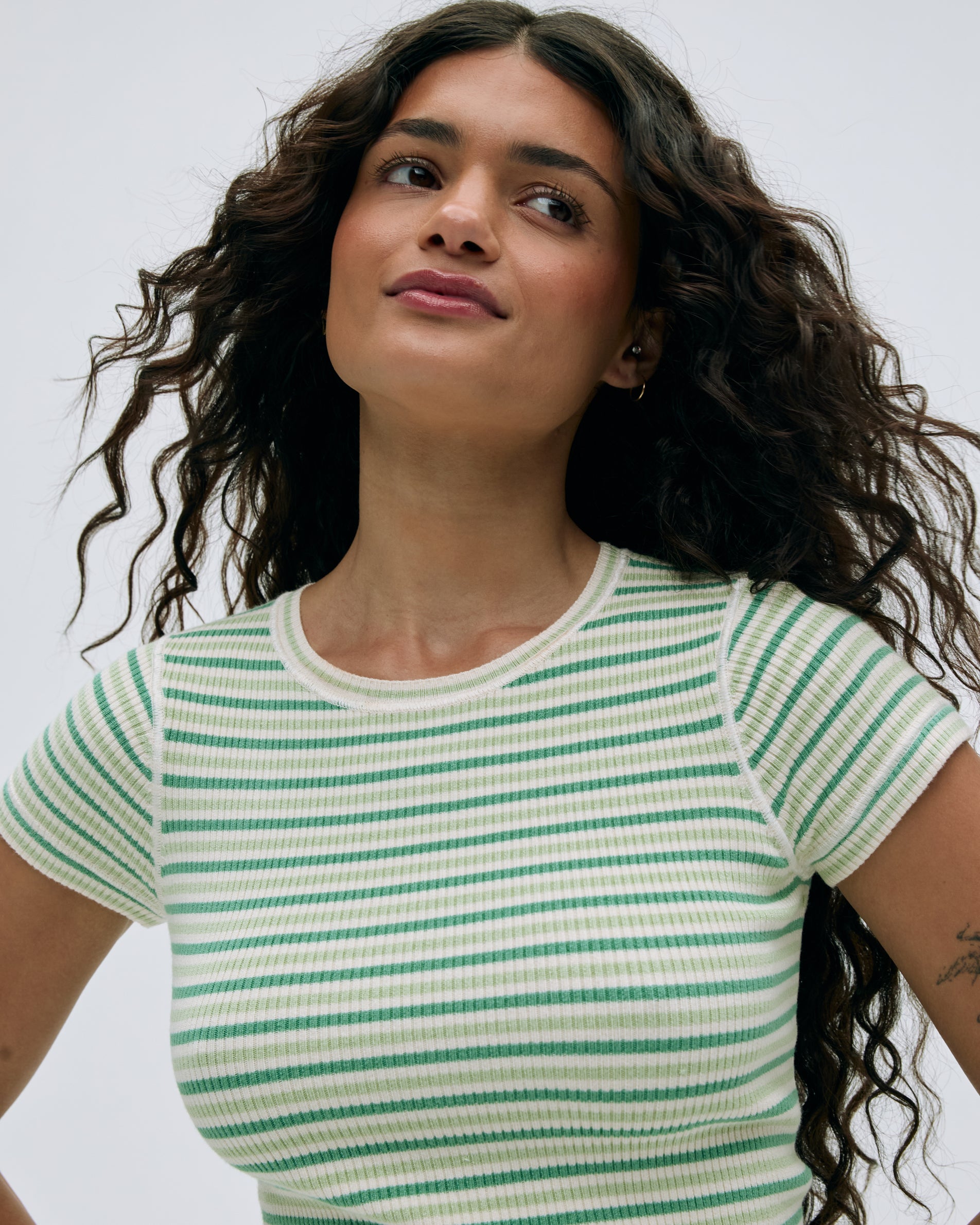 Stylish Rib Knit Stripe Short Sleeve Women's Top in Jade Green - Perfect for Casual Outings & Summer Wardrobe