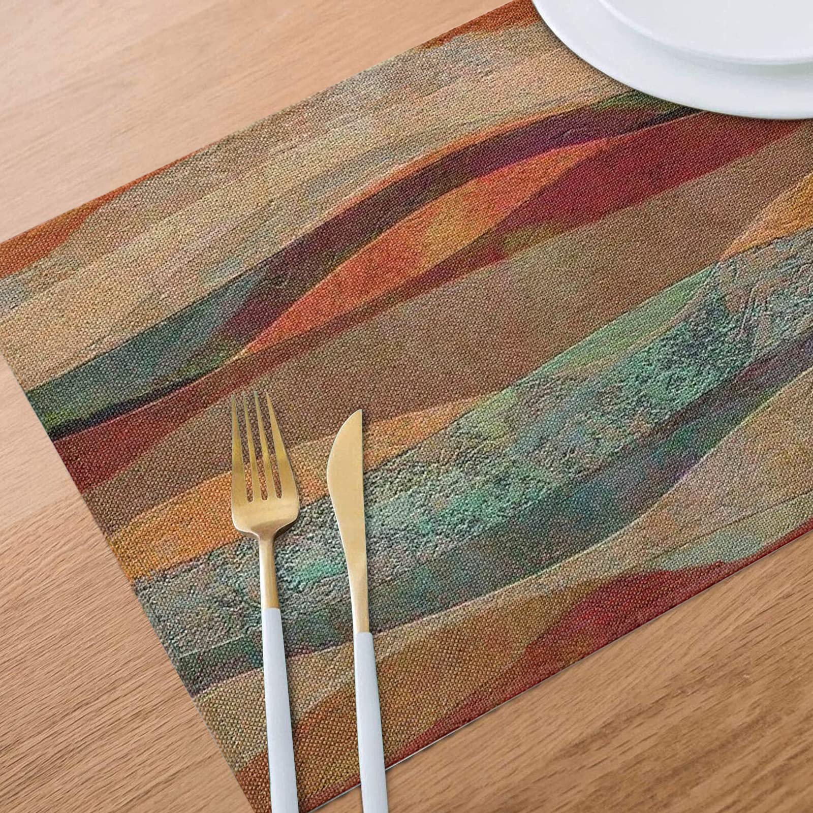 6-Piece Southwest Arizona Travertine Sandstone Placemats Set - Non-Slip, Heat Resistant, Washable Linen Table Mats with Turquoise Stripes for Farmhouse Kitchen Decor | Perfect for Holiday Parties, Dining Tables & Home Entertaining