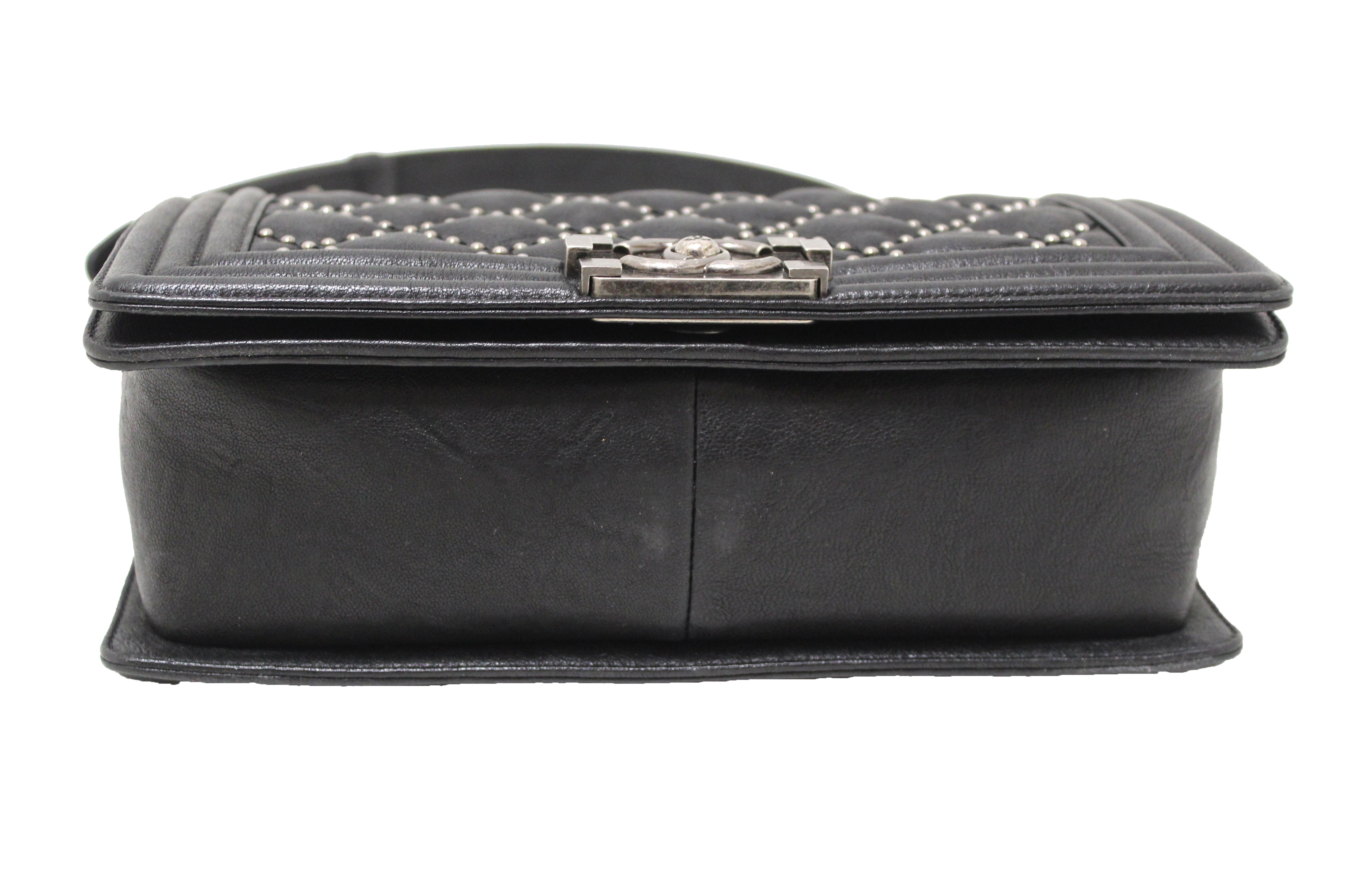Authentic Chanel Studded Black Quilted Distressed Calfskin Old Medium Boy Flap Shoulder Bag - Luxury Designer Handbag for Women, Perfect for Evening Events & Special Occasions