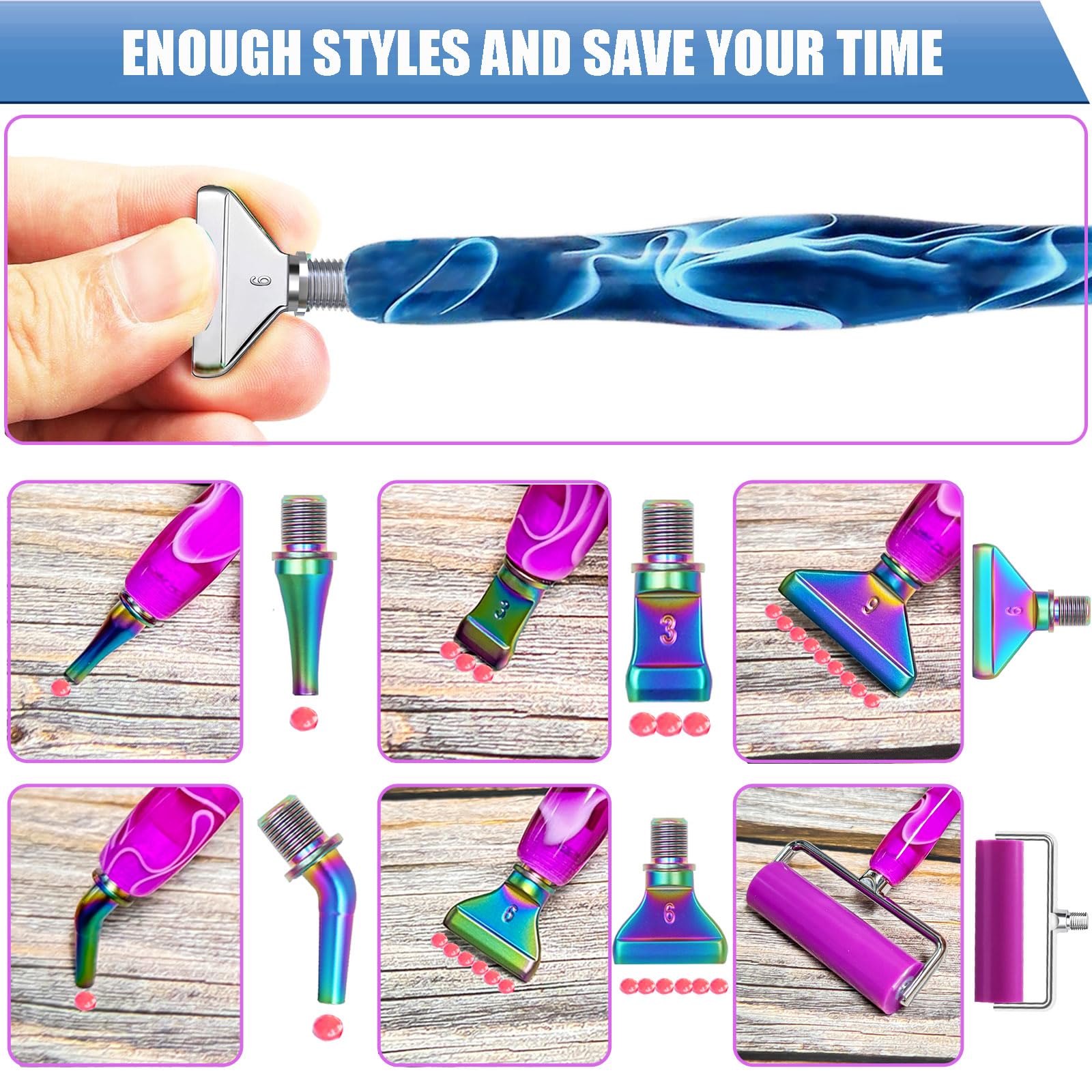Premium Diamond Art Pens Set - 6pcs Metal Tip Roller Dotting Tools for Diamond Painting, Bead Embroidery & Nail Art (Blue Silver) | Perfect for DIY Crafts, Home Decor & Gift Making