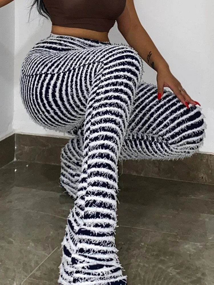 Black and White Striped Knitted High Waist Flare Pants for Women - 2023 Streetwear Extra Long Stacked Bottoms (Size C66 EE42) | Perfect for Casual Outings, Music Festivals & Boho Chic Style