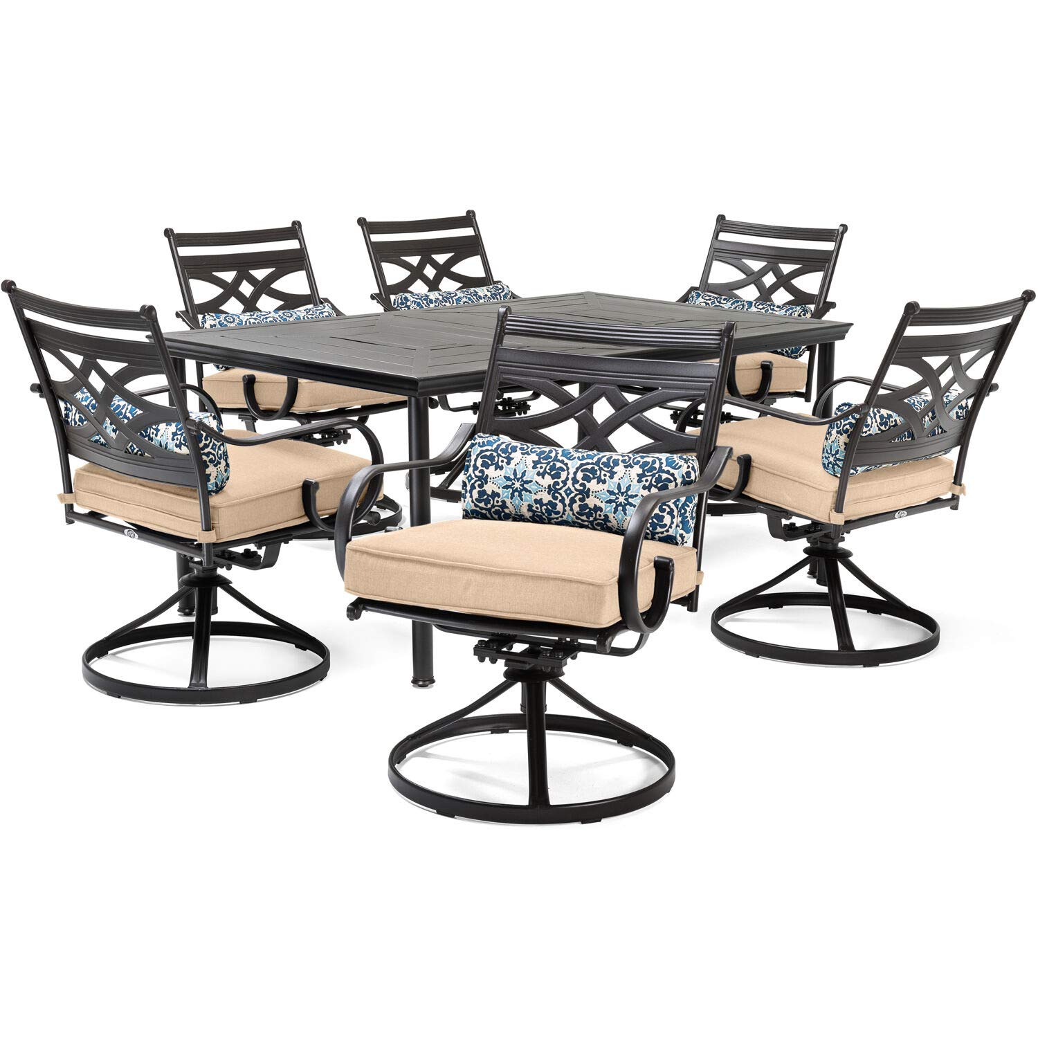 Hanover Montclair 7-Piece Outdoor Dining Set with 6 Swivel Rocking Chairs, Tan Cushions & Durable Steel Table - All-Weather Patio Furniture for Deck, Garden, Backyard - Perfect for Family BBQs, Outdoor Entertaining and Relaxing