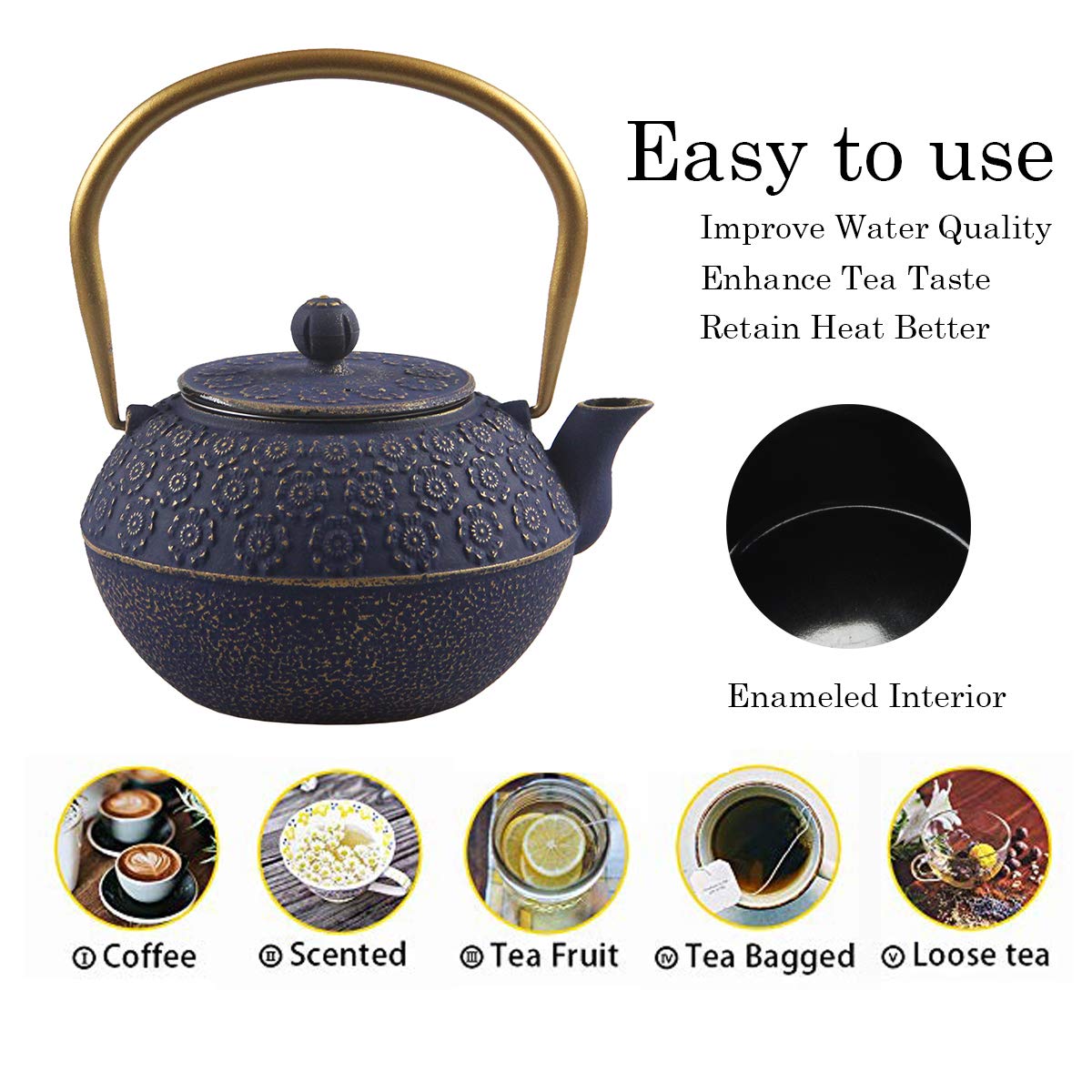 Premium Japanese Cast Iron Teapot with Enamel Coating & Stainless Steel Infuser - 33.8oz Stovetop Safe Tea Kettle for Loose Leaf Tea - Perfect for Home, Office & Traditional Tea Ceremonies