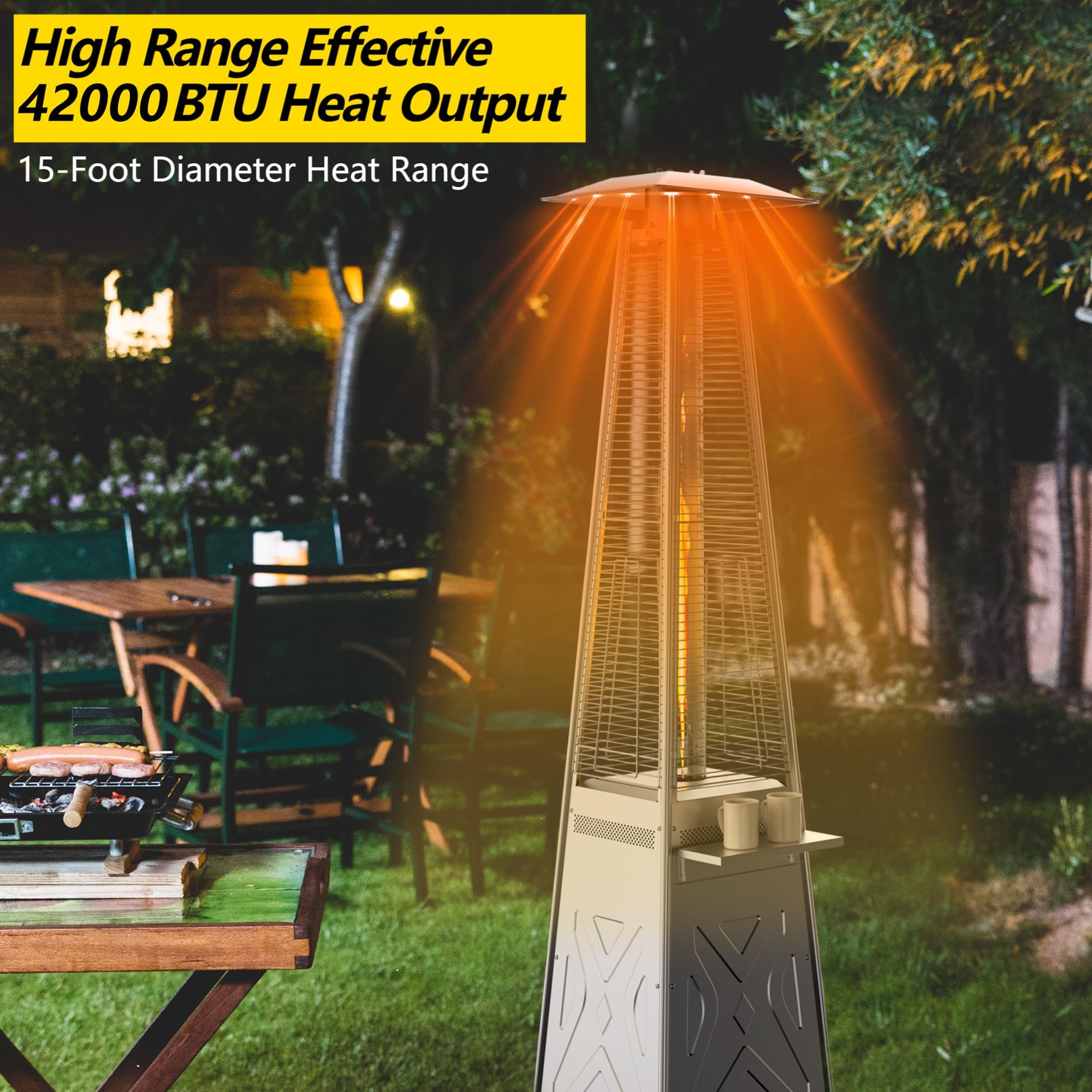 42,000 BTU Pyramid Patio Heater with Quartz Glass Tube - Propane Outdoor Heater with Wheels & Cover - Triple Protection System - Ideal for Backyard, Patio, Restaurant & Home Use - Perfect for Outdoor Dining, Garden Parties & Cold Weather Gatherings